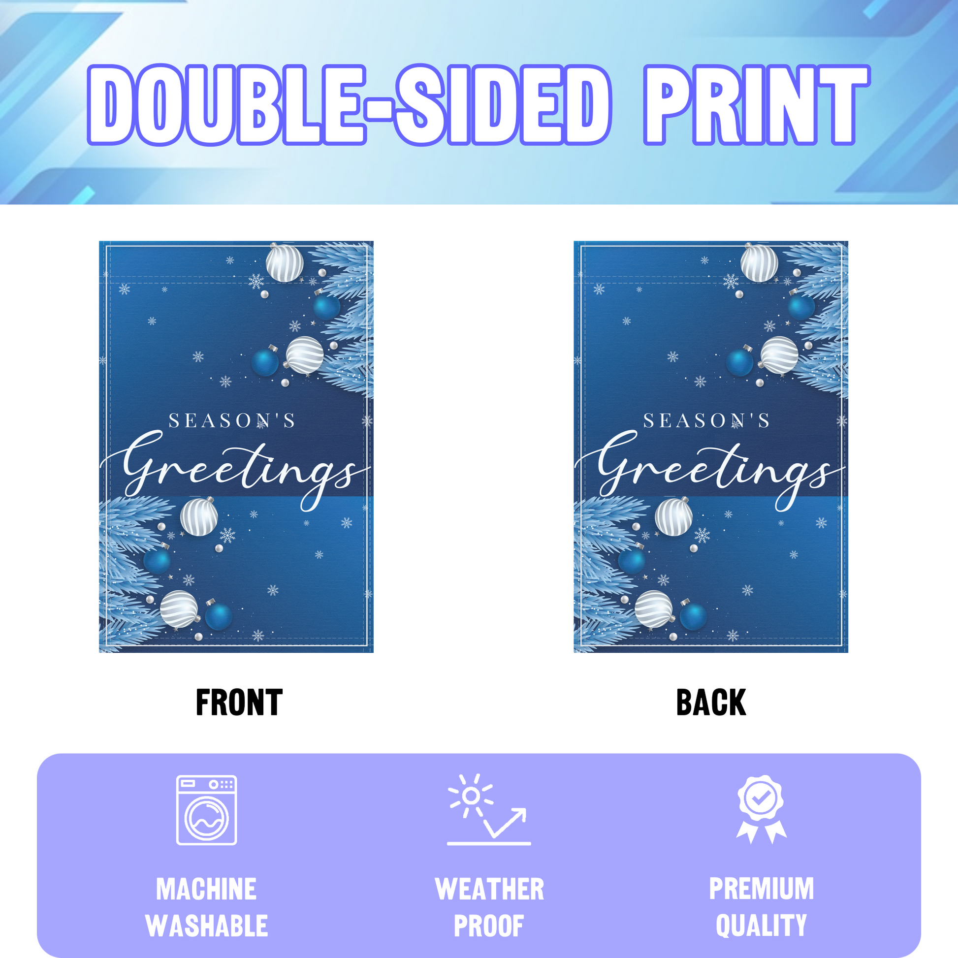 Season's Greetings Winter garden flag displayed in an infographic, showing the double sided print and high quality characteristics | Bannerfi