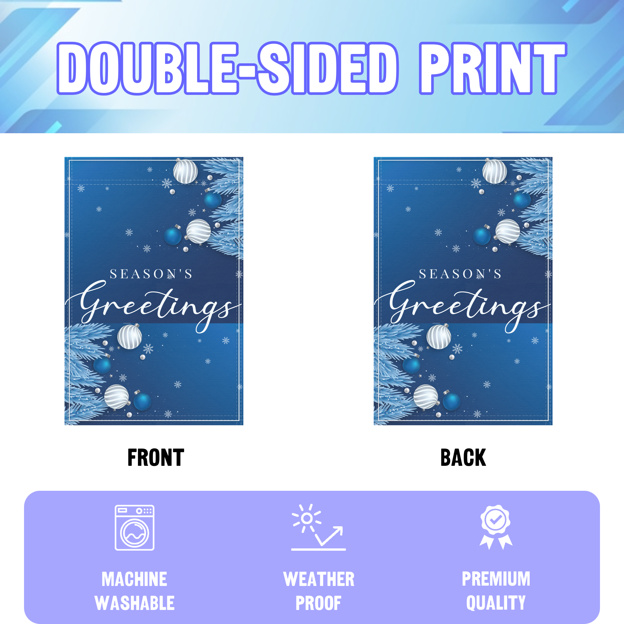 Season's Greetings Winter garden flag displayed in an infographic, showing the double sided print and high quality characteristics | Bannerfi