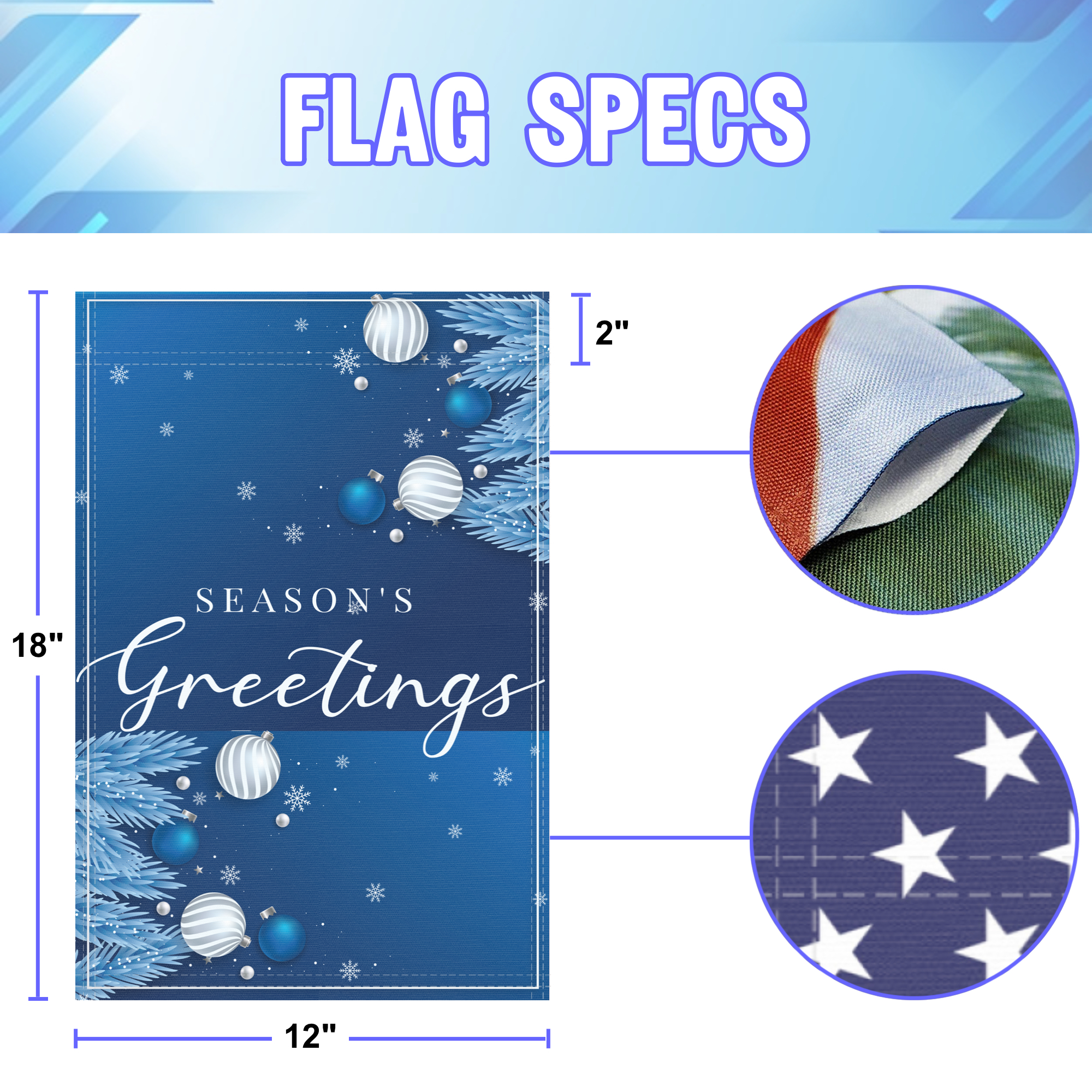 Season's Greetings Winter garden flag size specifications, showing 12 inch width by 18 inch height and a 2 inch pole sleeve for a standard garden flagpole.