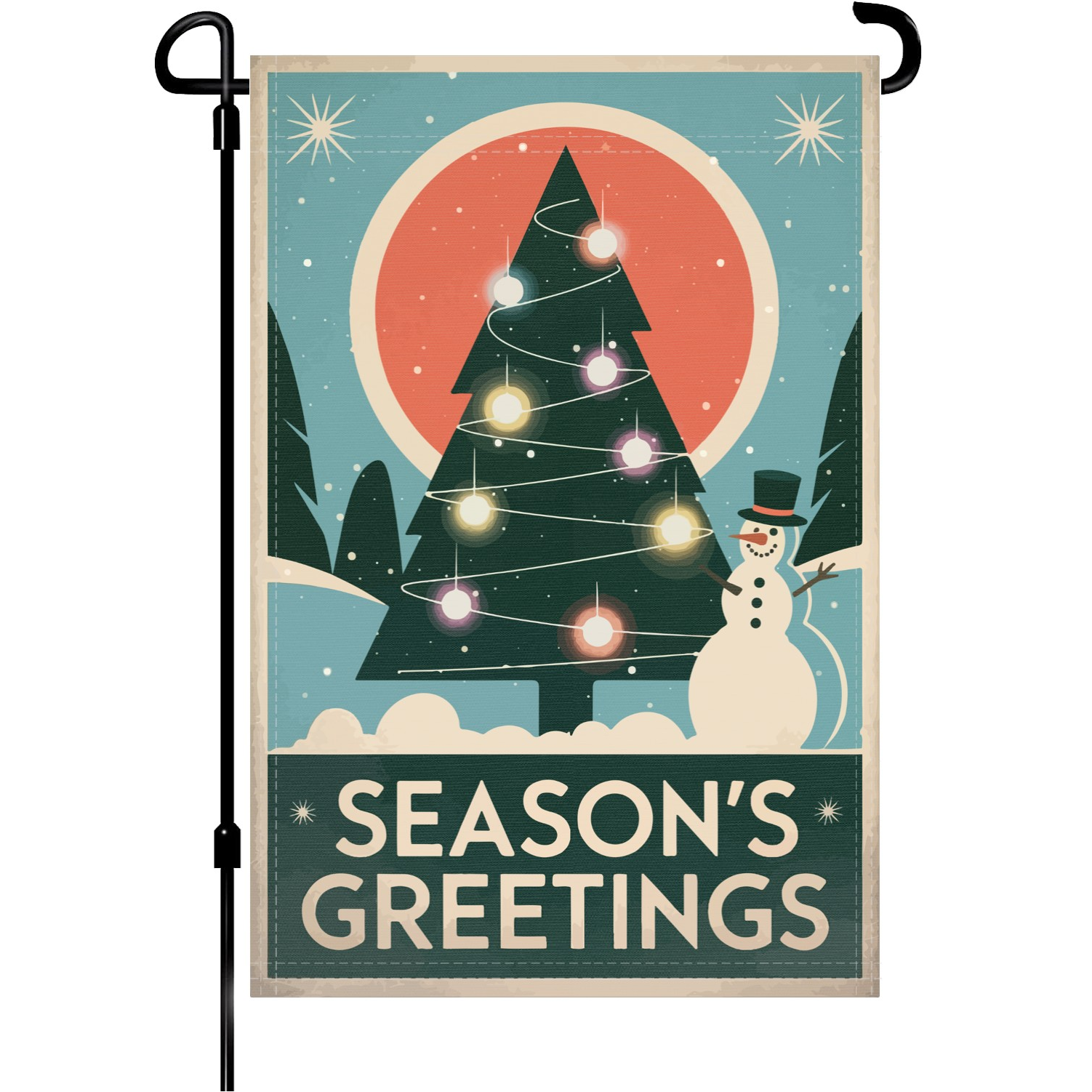 Season's Greetings Snowman garden flag made of weatherproof polyester mounted on a garden flagpole | Bannerfi