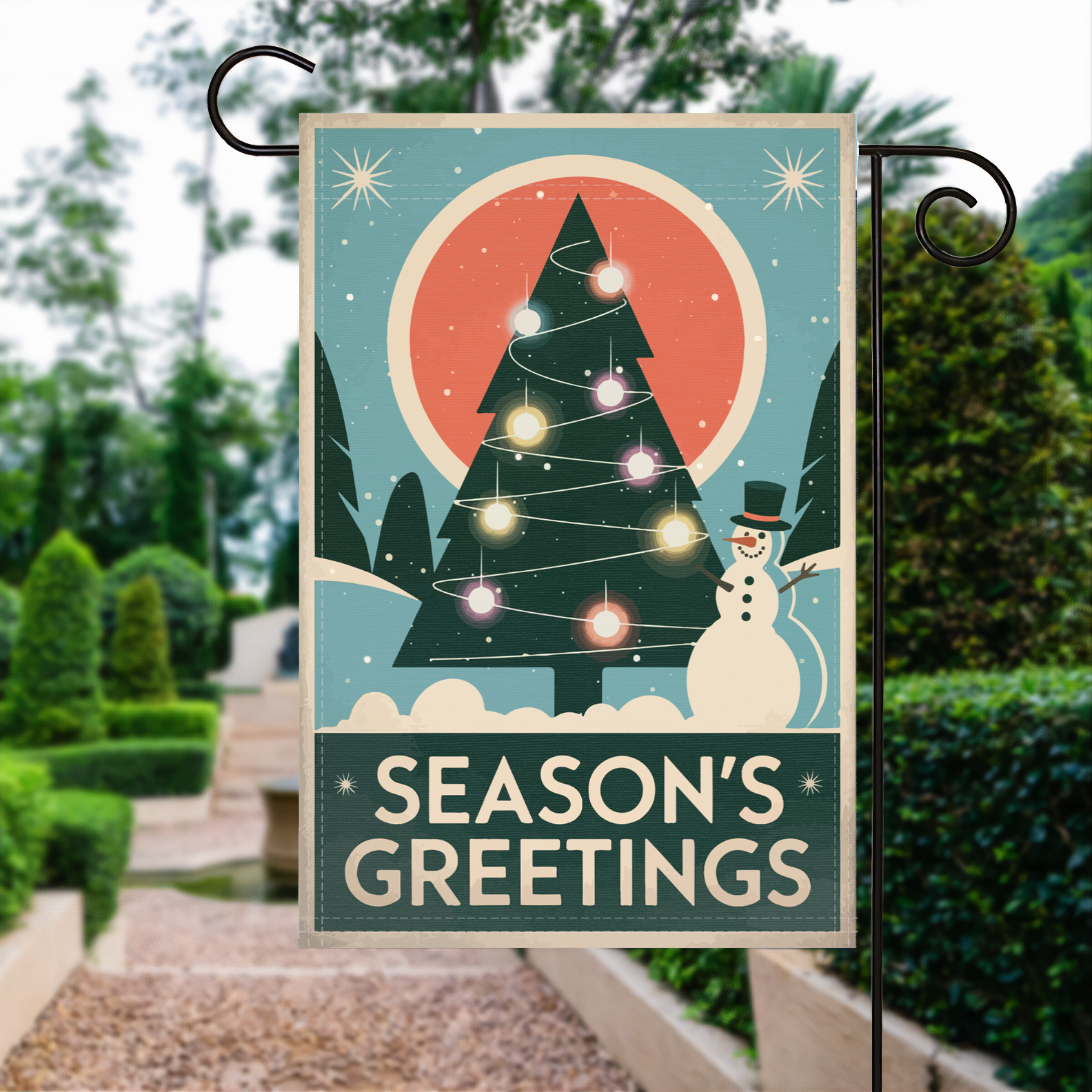 Season's Greetings Snowman garden flag made of weatherproof polyester displayed in a garden | Bannerfi