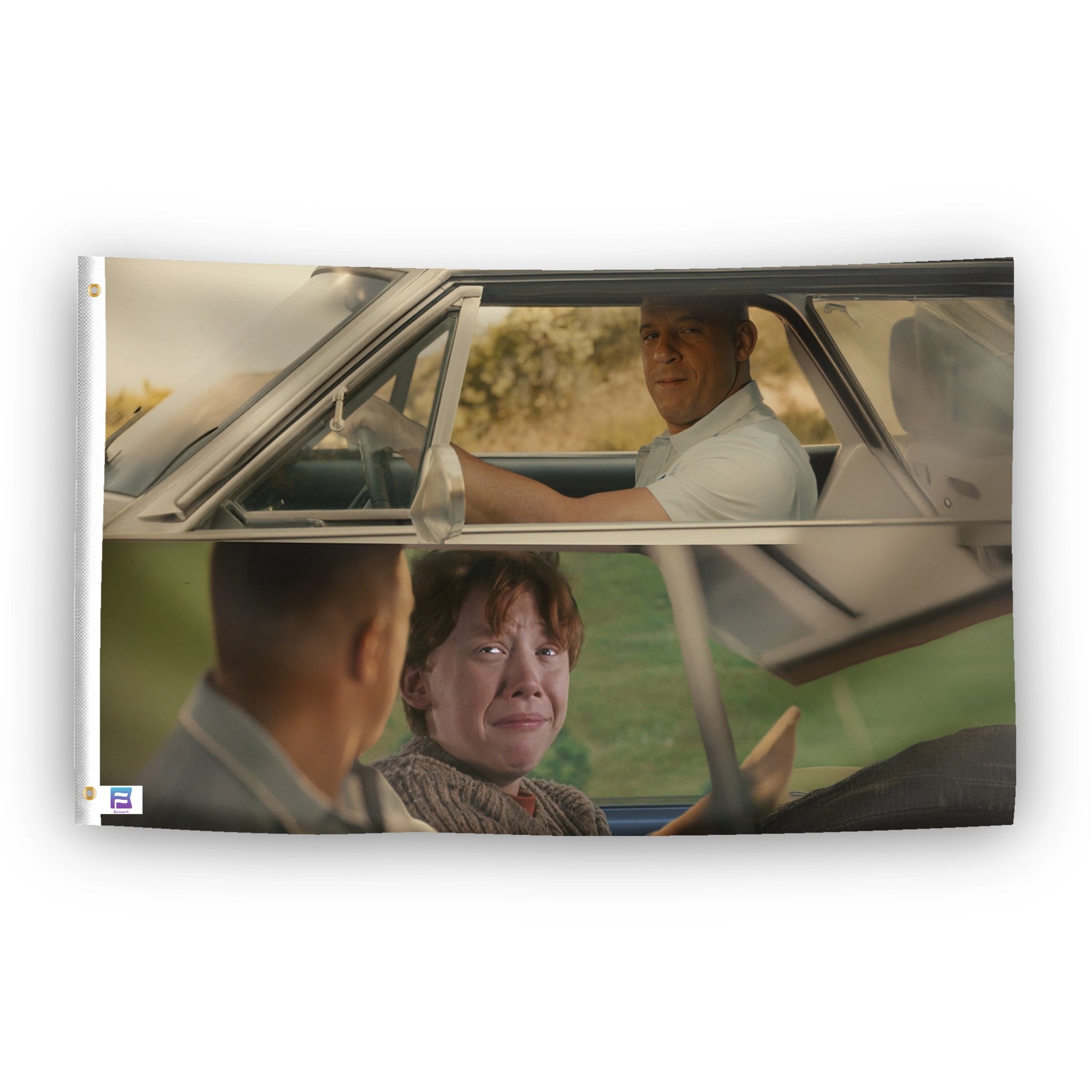 A flag with the theme "See You Again Drive Scene Meme", displayed with two brass grommets reinforced with a white canvas header.