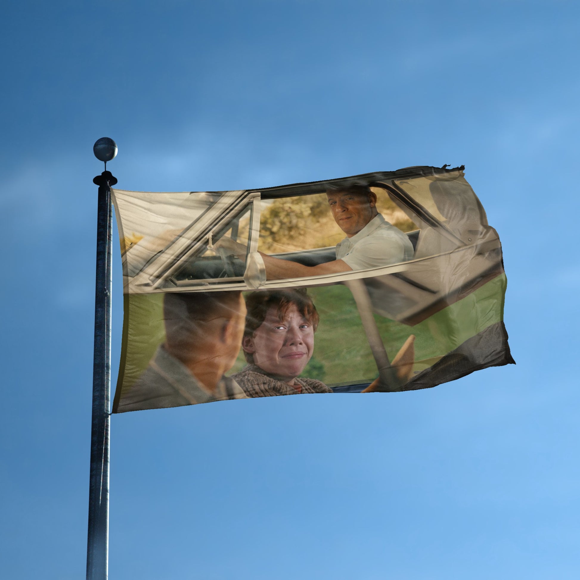 A flag with the theme "See You Again Drive Scene Meme" displayed on a tall flag pole and blue skies.