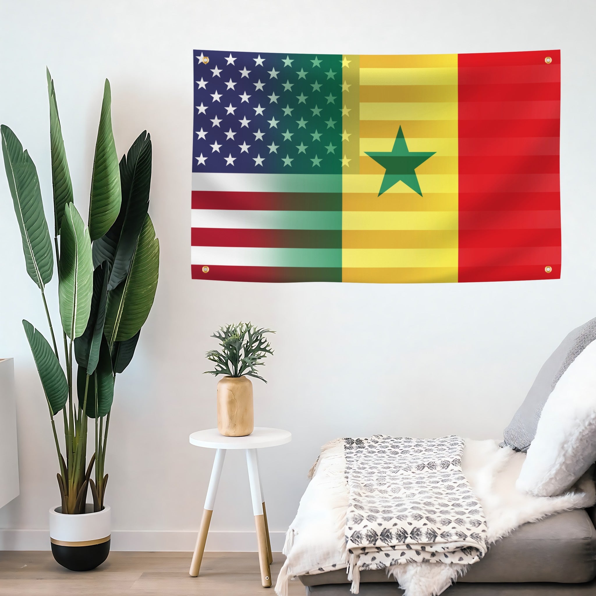 Senegalese American Hybrid Flag banner mounted on a wall - Flags by Bannerfi