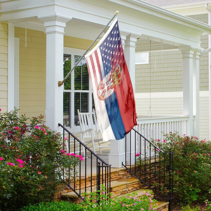 Serbian American Hybrid Flag on a house porch - Flags by Bannerfi
