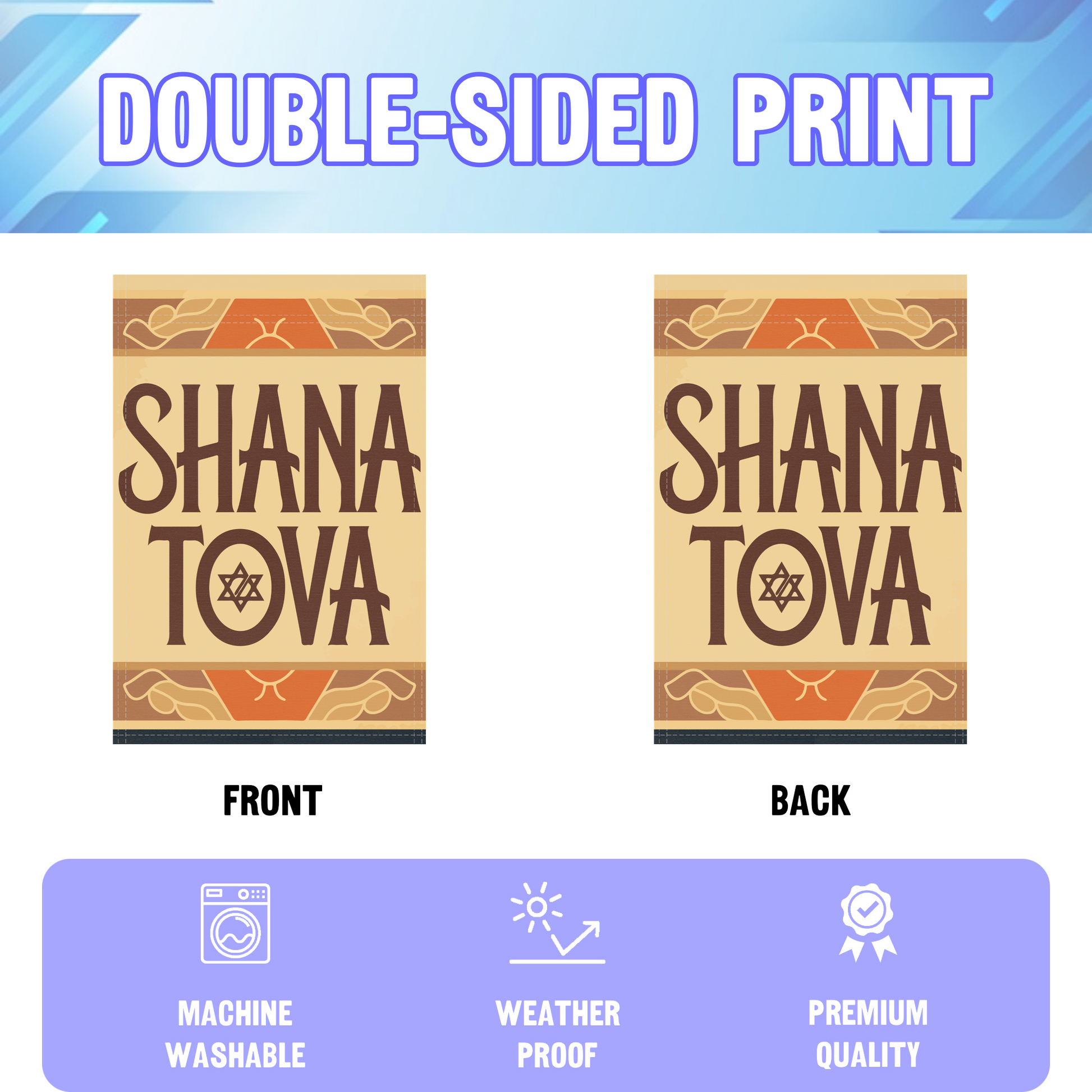 Shana Tova garden flag displayed in an infographic, showing the double sided print and high quality characteristics | Bannerfi