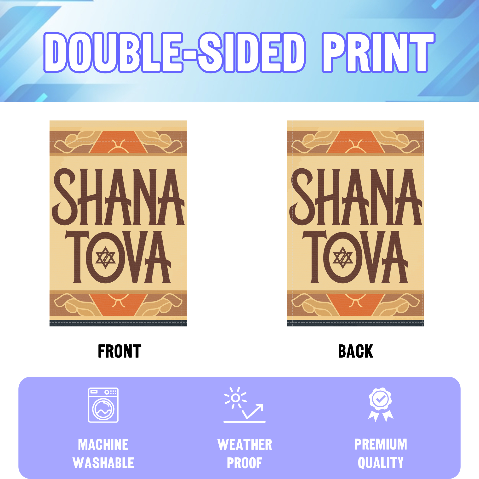 Shana Tova garden flag displayed in an infographic, showing the double sided print and high quality characteristics | Bannerfi