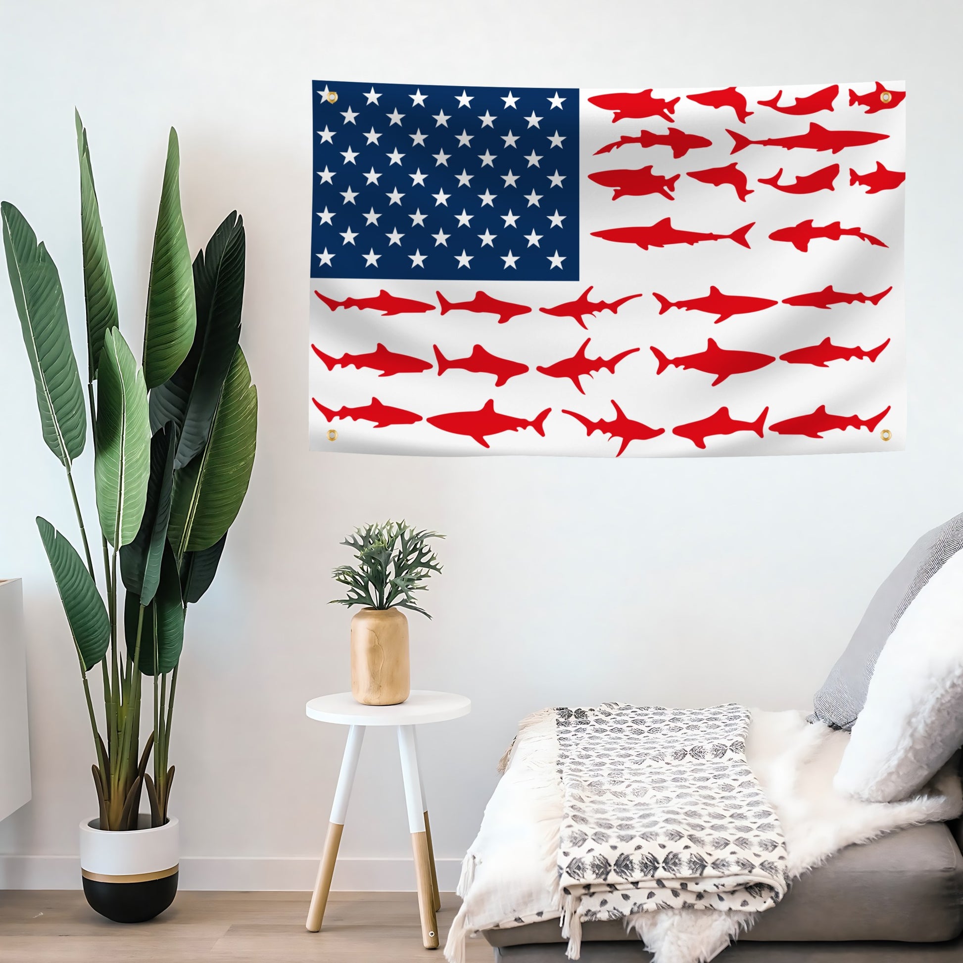 American flag banner with red sharks design on a wall in a living room.