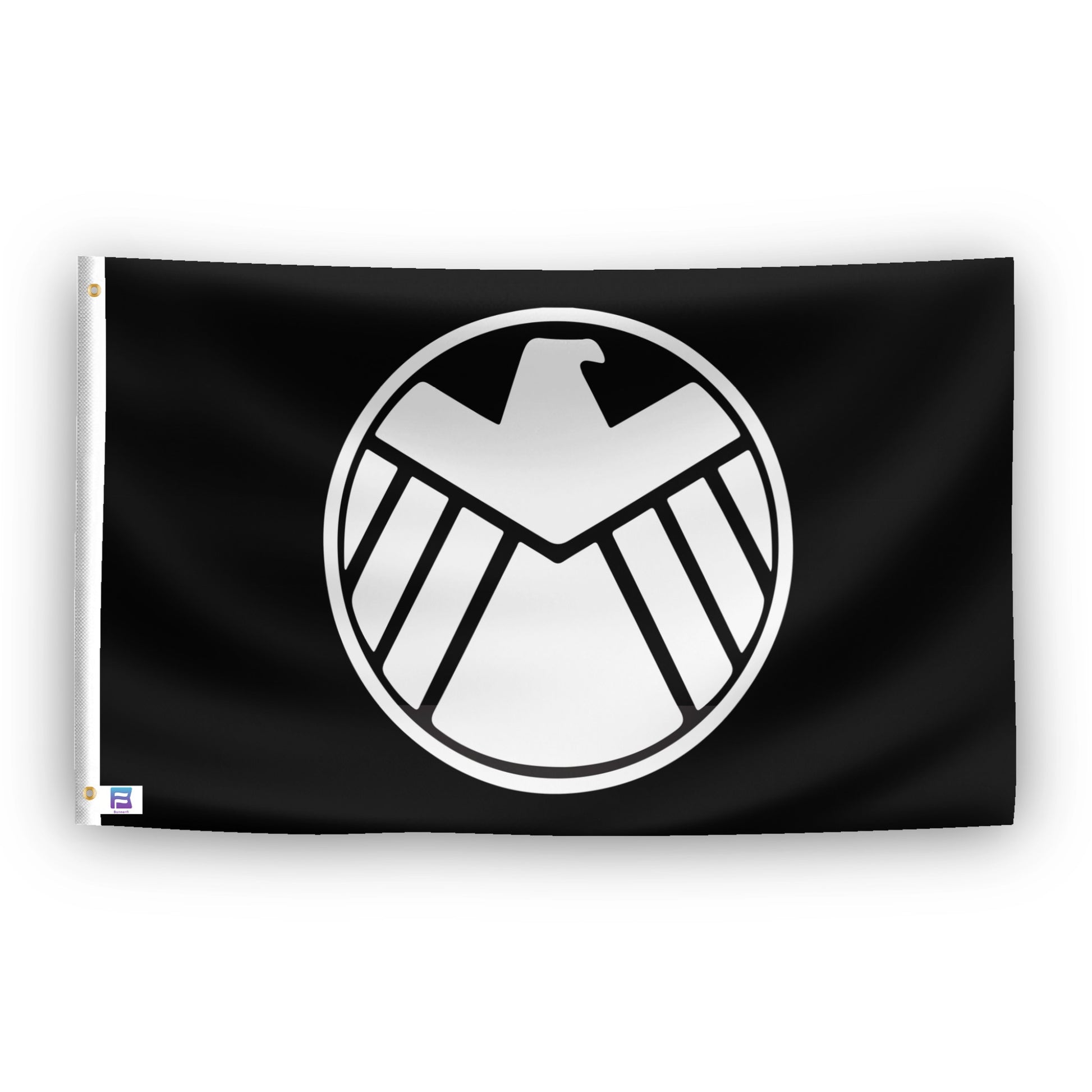 A flag with the theme "Agents of SHIELD Crest", displayed with two brass grommets reinforced with a white canvas header.