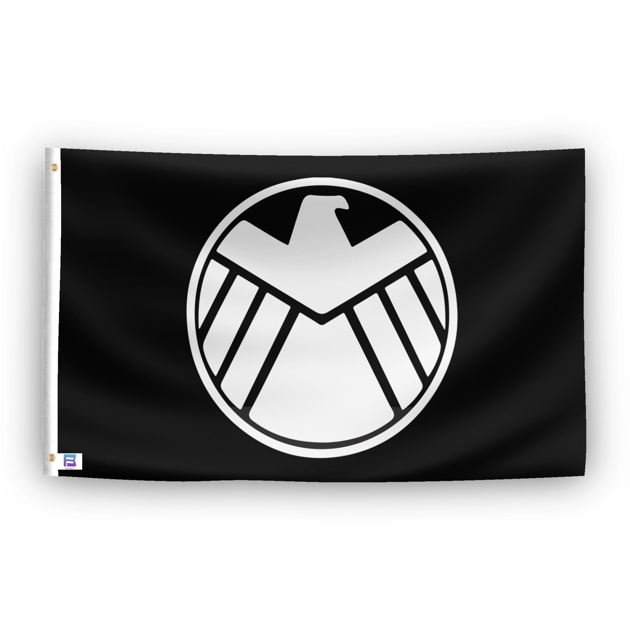 A flag with the theme "Agents of SHIELD Crest", displayed with two brass grommets reinforced with a white canvas header.