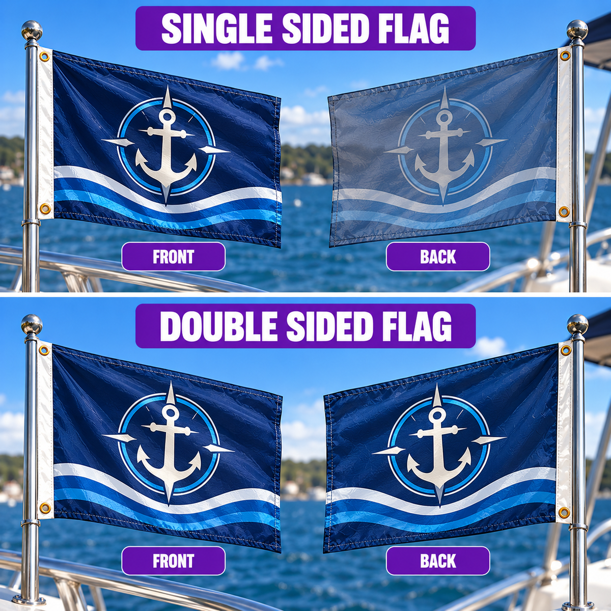 Custom Boat Flags by Bannerfi; navy blue flag set (2) with white anchor in a circle and wave stripes, front and back.