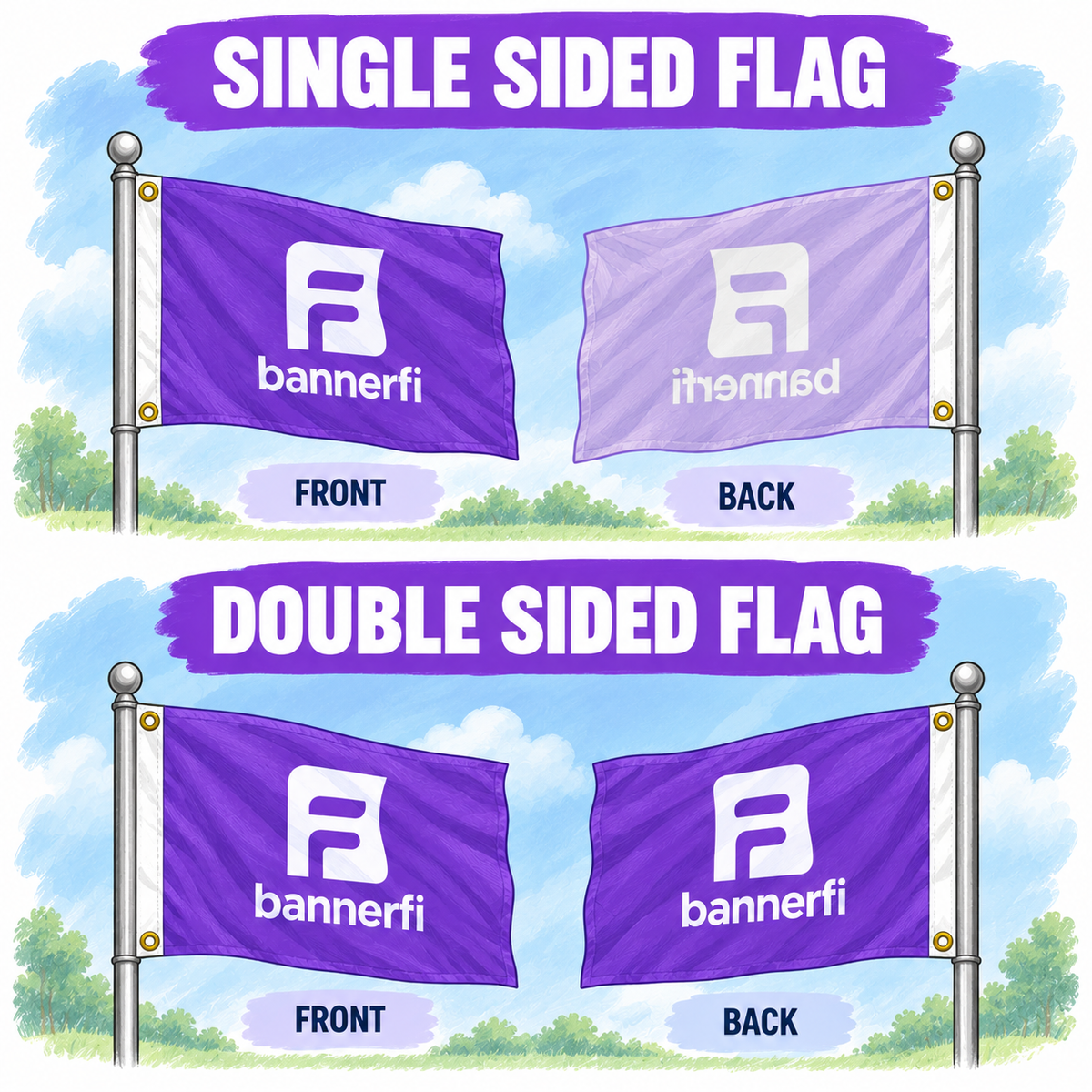 Custom Flags house flag by Bannerfi; purple banners on metal posts showing front and back views.