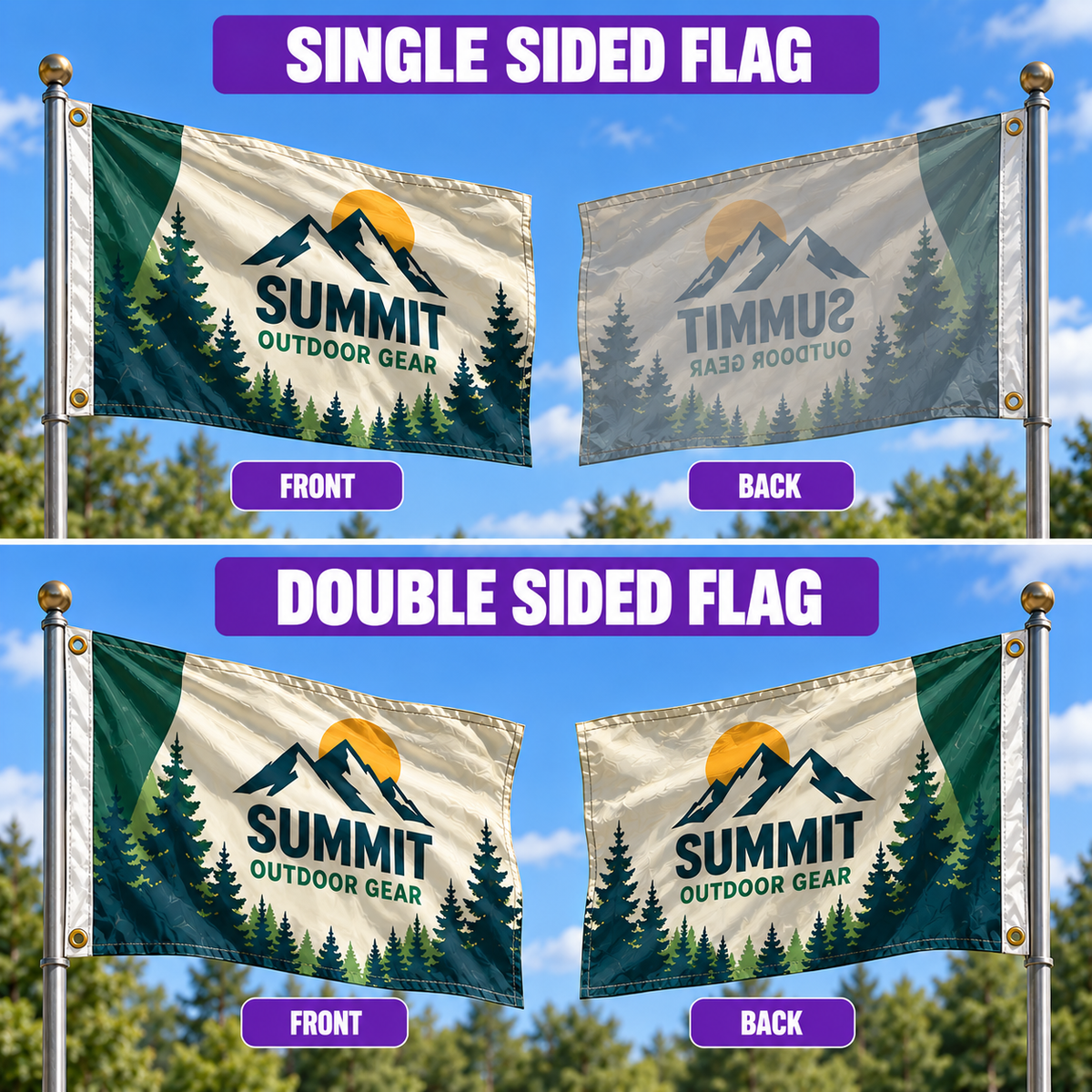 Custom Flags house flag with Summit Outdoor Gear mountain logo and pine trees on cream background (two flags).