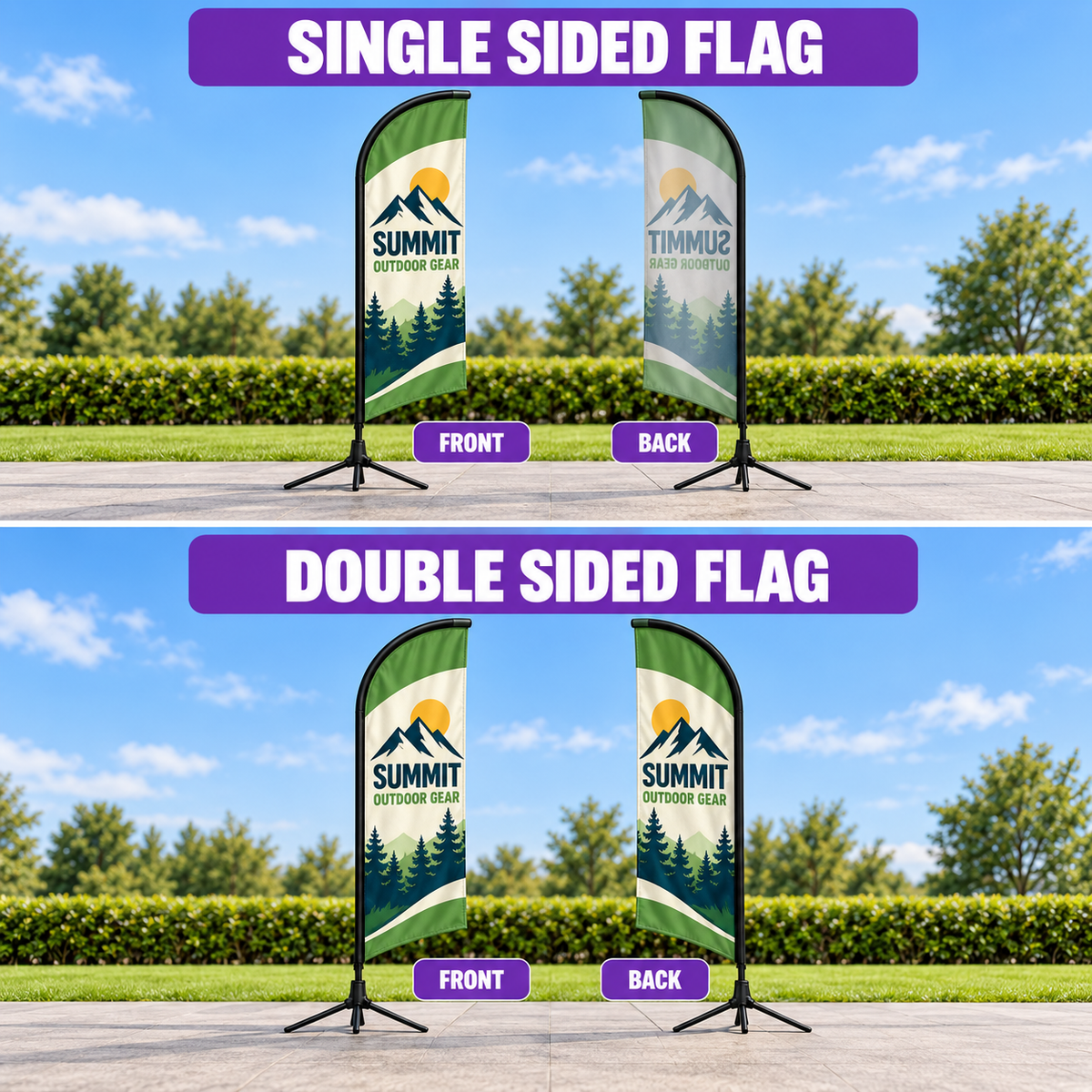 Two custom feather flags on stands with Summit Outdoor Gear banners, green and white, front and back views.