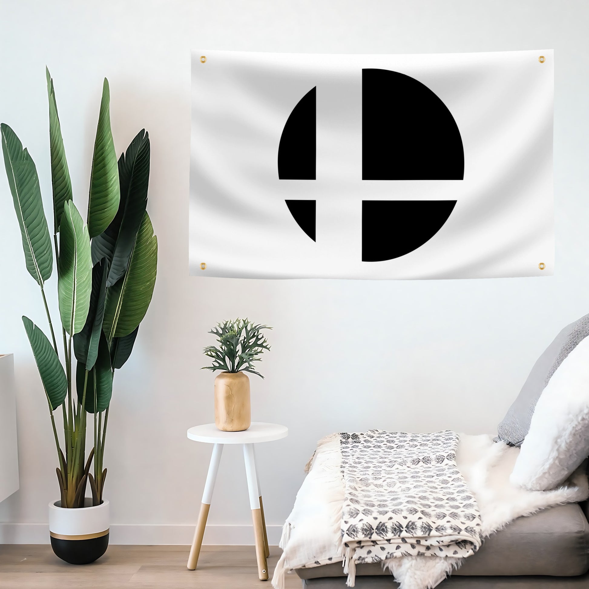 Super Smash Bros. Symbol Flag Banner (White) mounted on a wall- Flags by Bannerfi