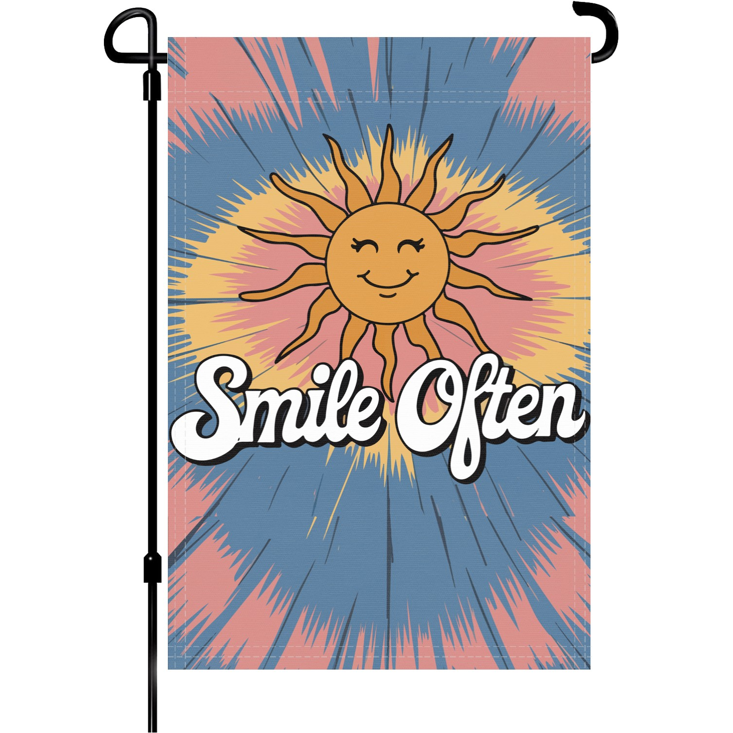 Smile Often Cute Sun garden flag made of weatherproof polyester mounted on a garden flagpole | Bannerfi