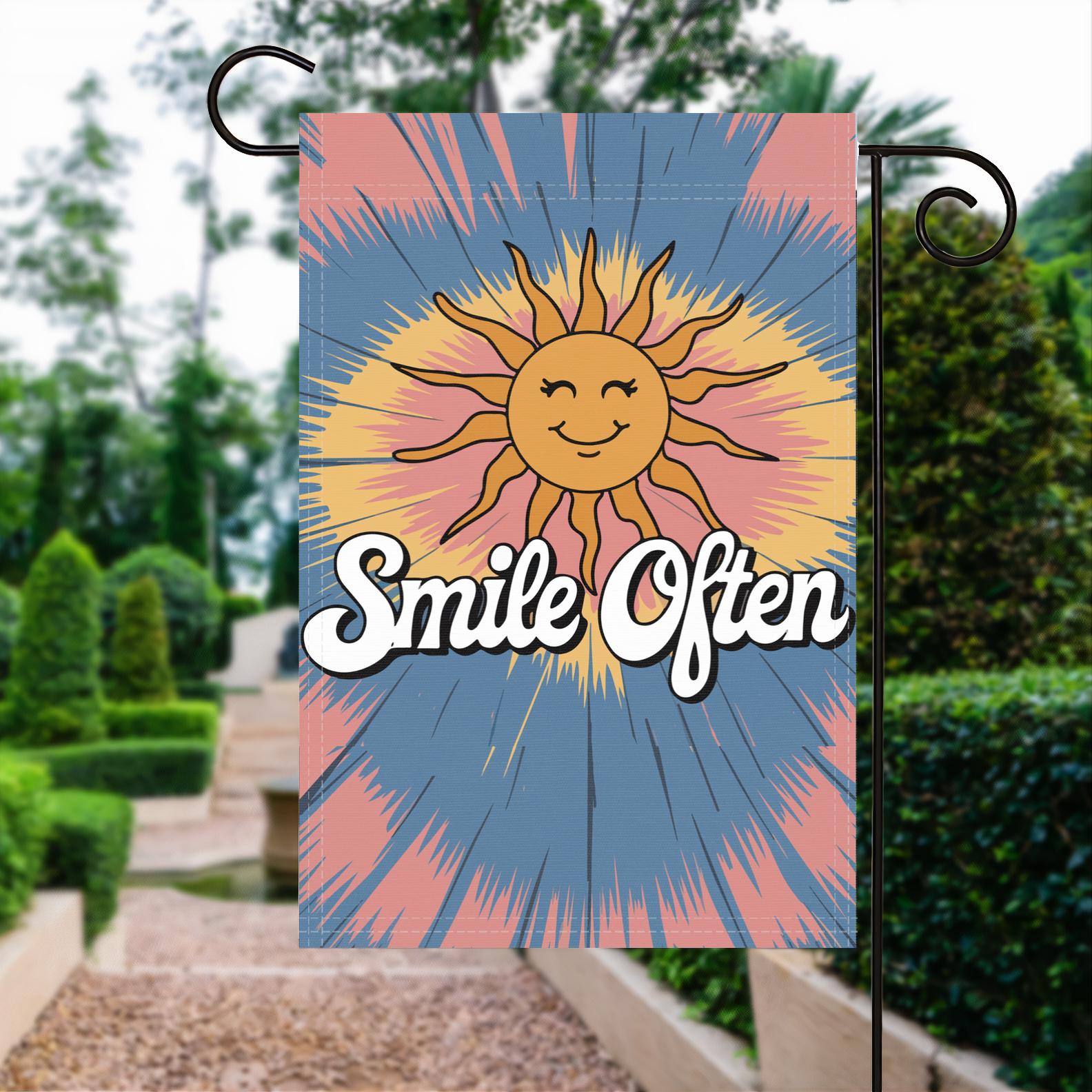 Smile Often Cute Sun garden flag made of weatherproof polyester displayed in a garden | Bannerfi