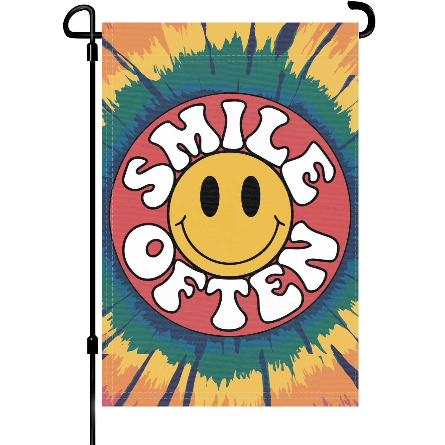 Smile Often Tie-Dye garden flag made of weatherproof polyester mounted on a garden flagpole | Bannerfi