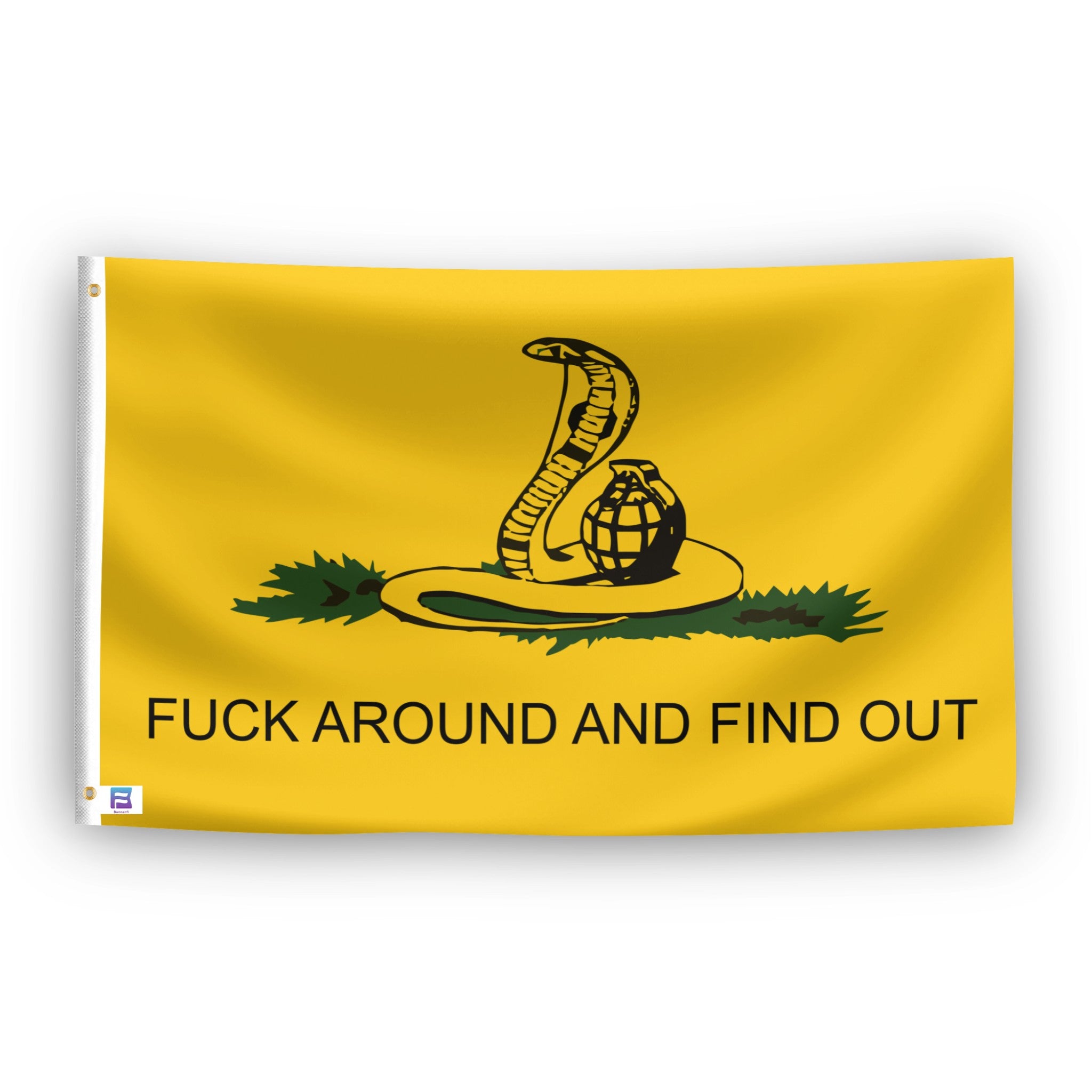 Yellow "fuck around and find out" flag with a snake and granade design and text