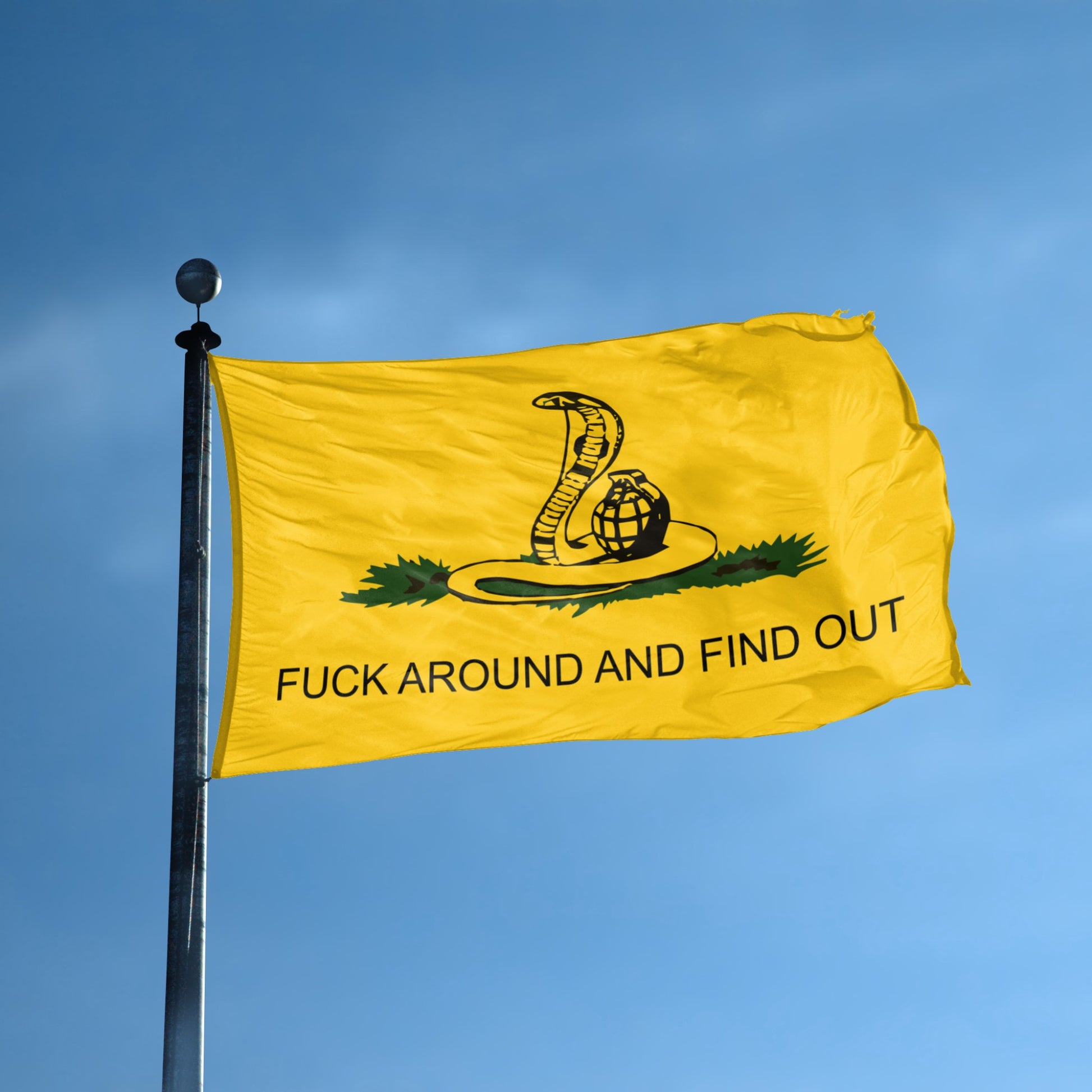 Yellow "fuck around and find out" flag with a snake and granade design flying on a pole