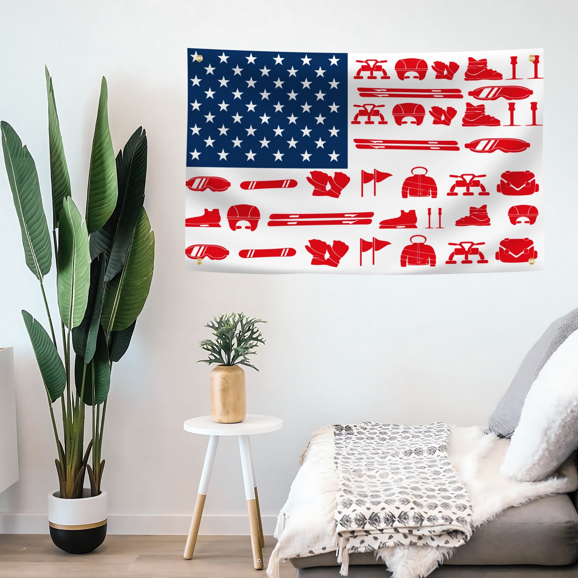 American flag banner wall art with red ski and snowboard gear symbols in a living room setting.