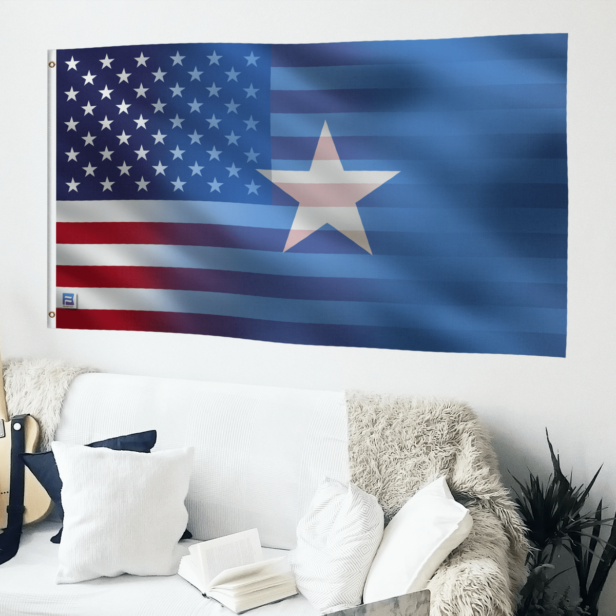 House flag: Somalian American Hybrid Flag by Bannerfi, left blue field with stars, right blue stripes with a star.
