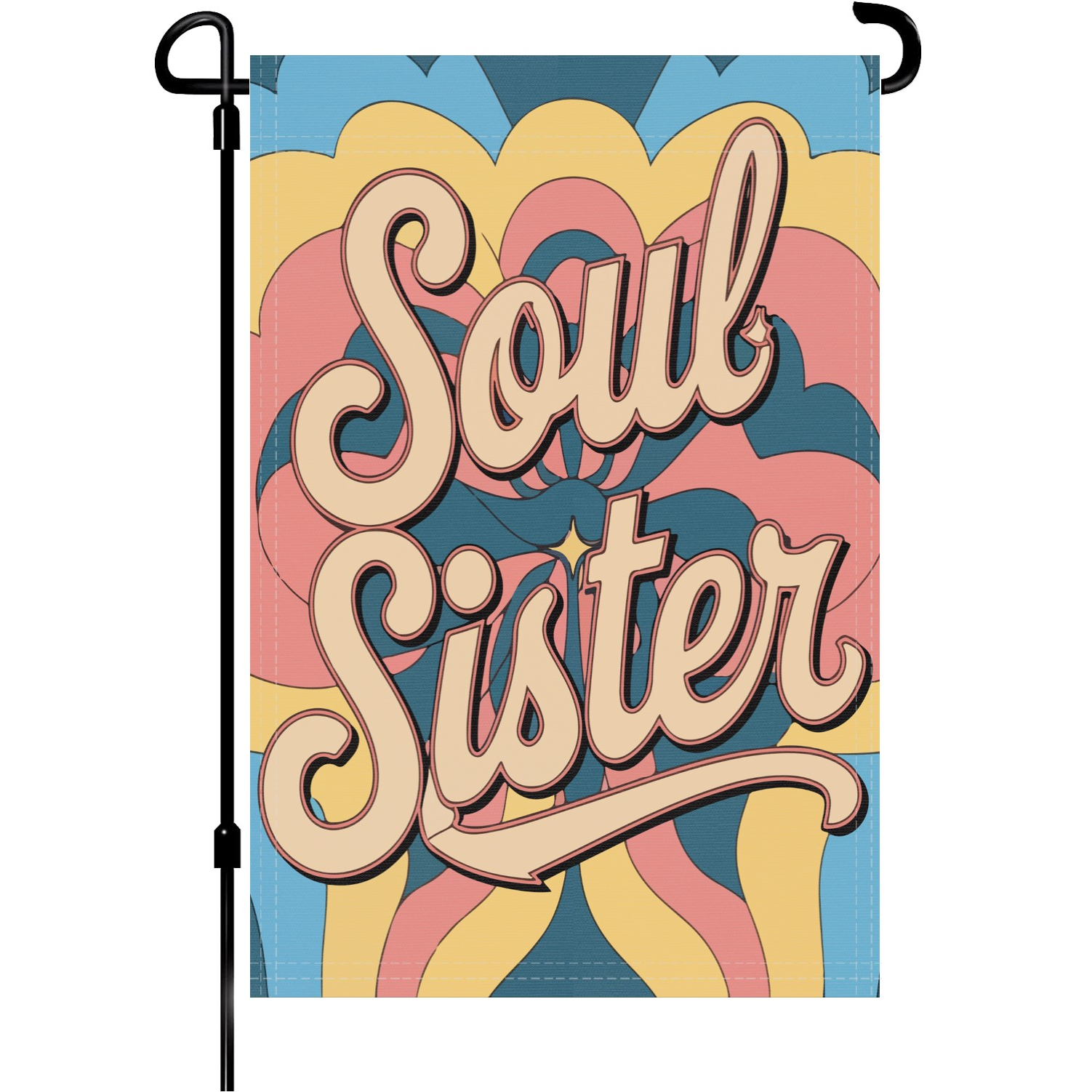 Soul Sister garden flag made of weatherproof polyester mounted on a garden flagpole | Bannerfi