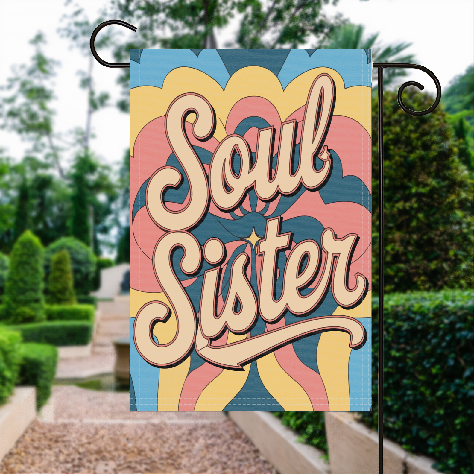 Soul Sister garden flag made of weatherproof polyester displayed in a garden | Bannerfi