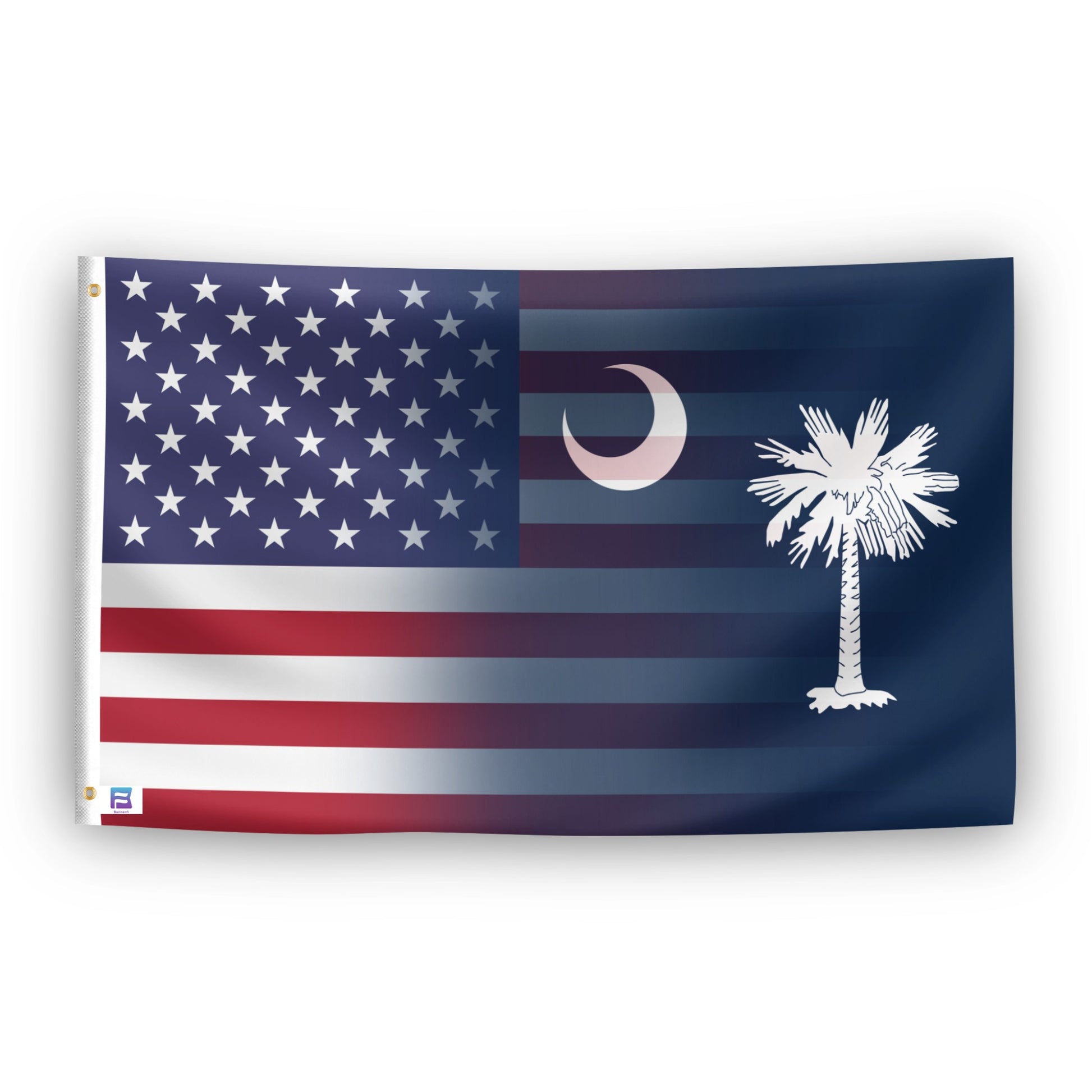 Flag with American and South Carolina designs blended together.