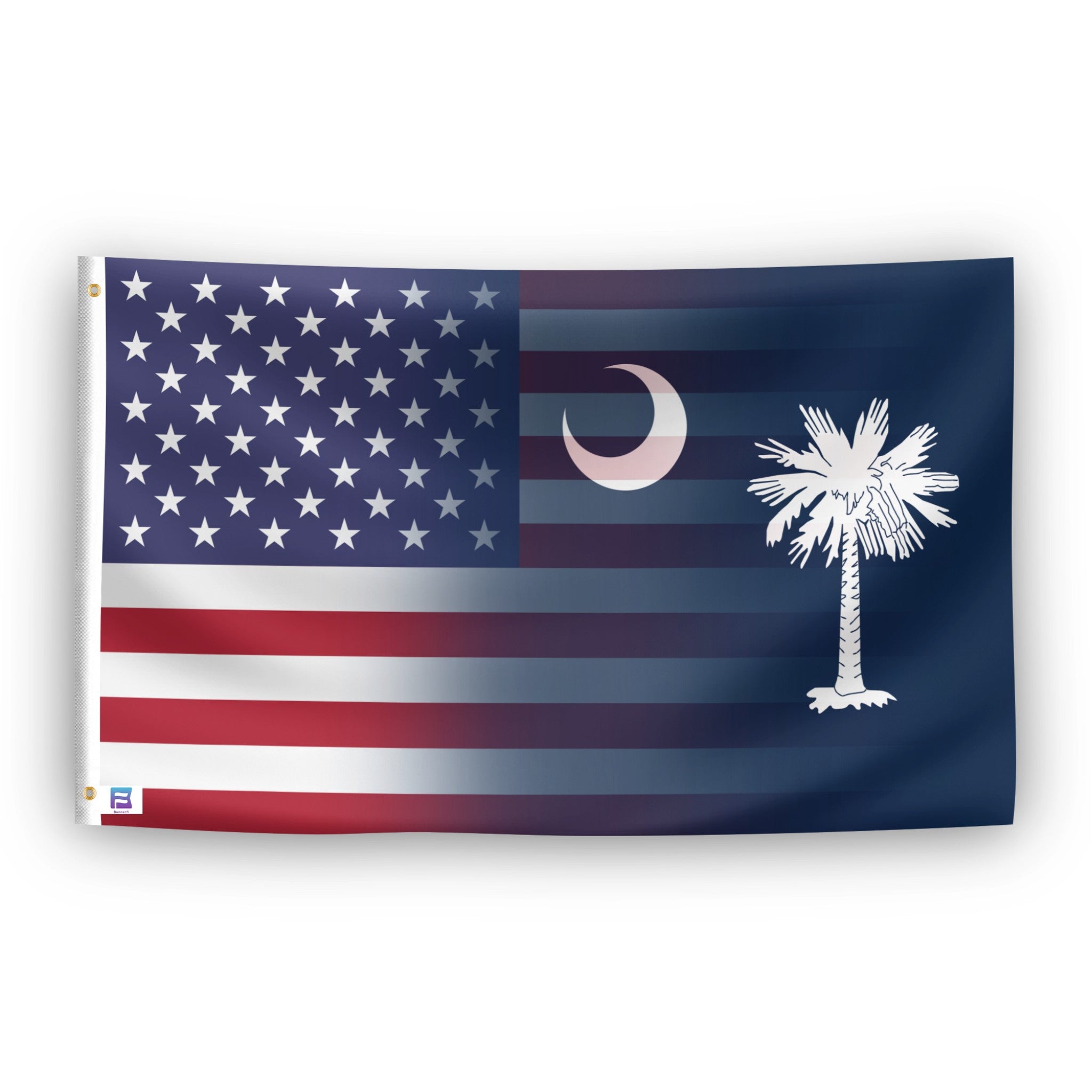 Flag with American and South Carolina designs blended together.