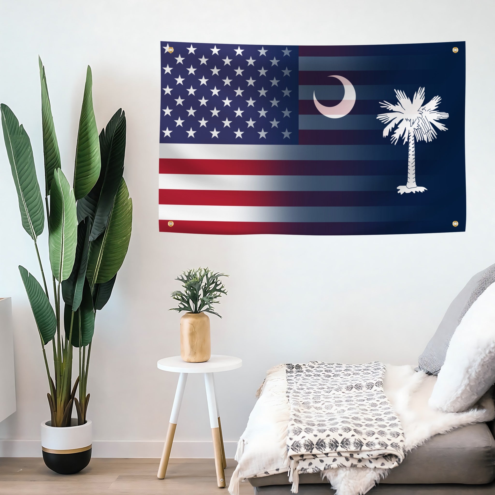 Flag banner with American and South Carolina designs blended together on a living room wall. 