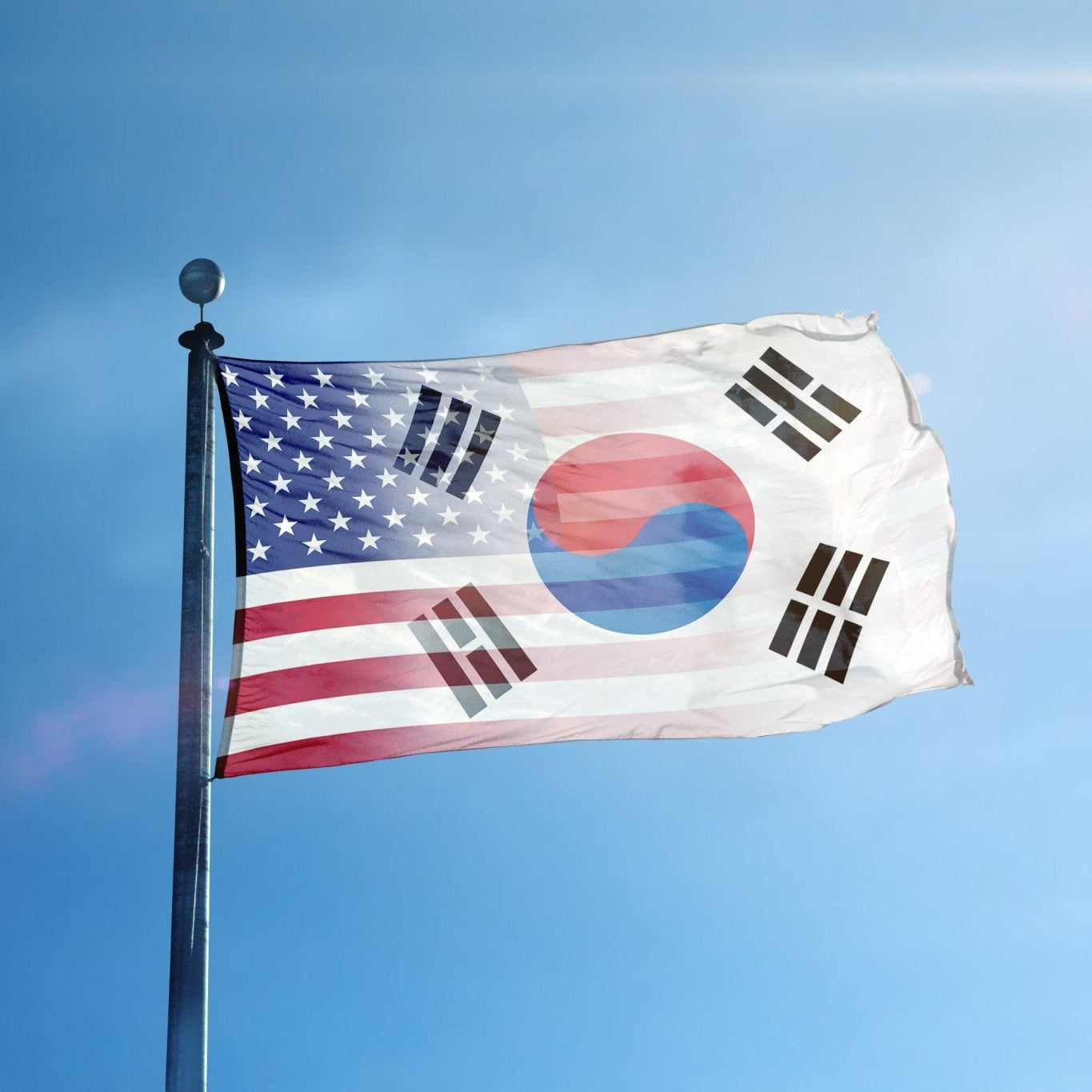 A hybrid flag on a pole featuring elements of the Korean and American flags, with a predominantly red, white, and blue color scheme.