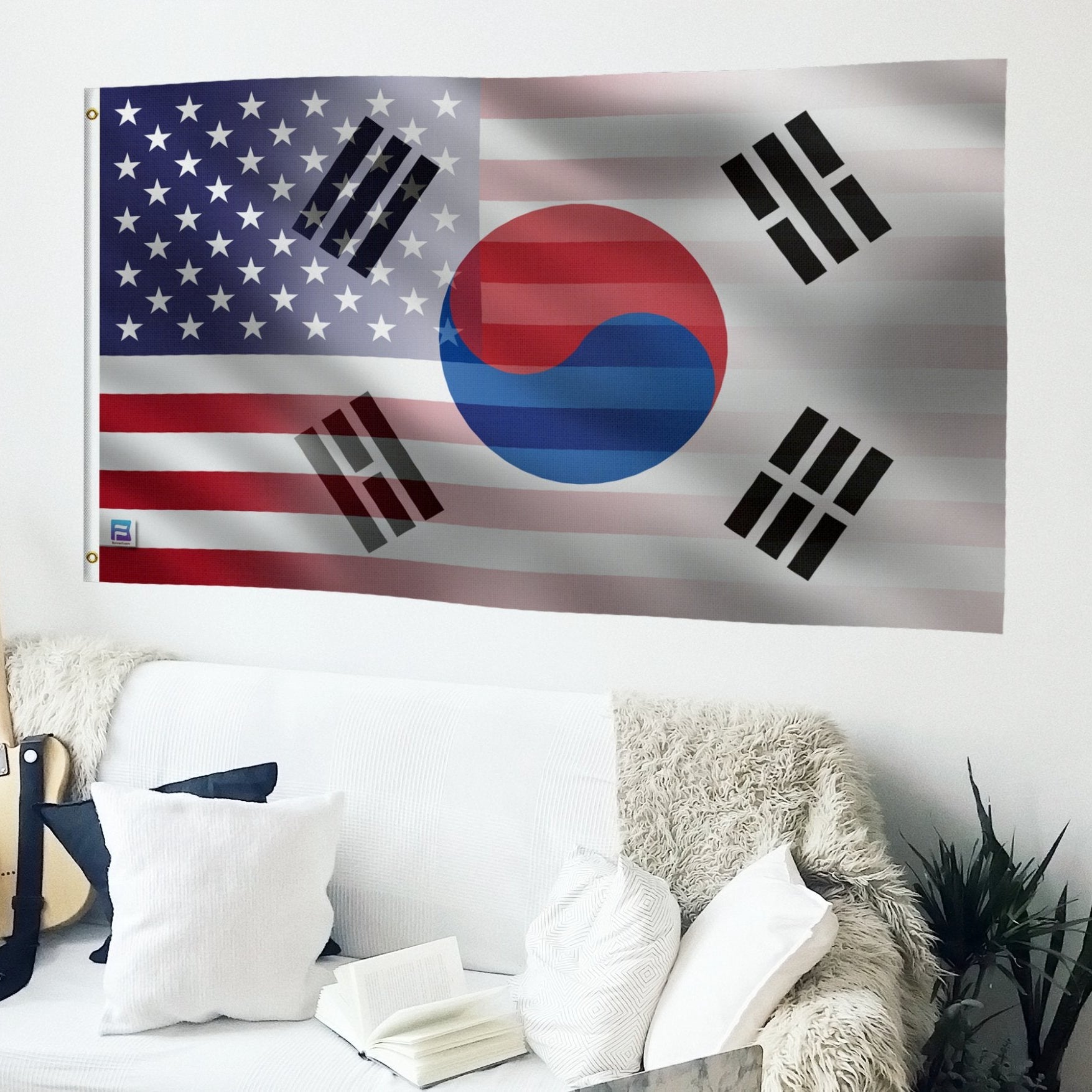 Korean American Hybrid Flag hanging on a living room wall - Flags by Bannerfi