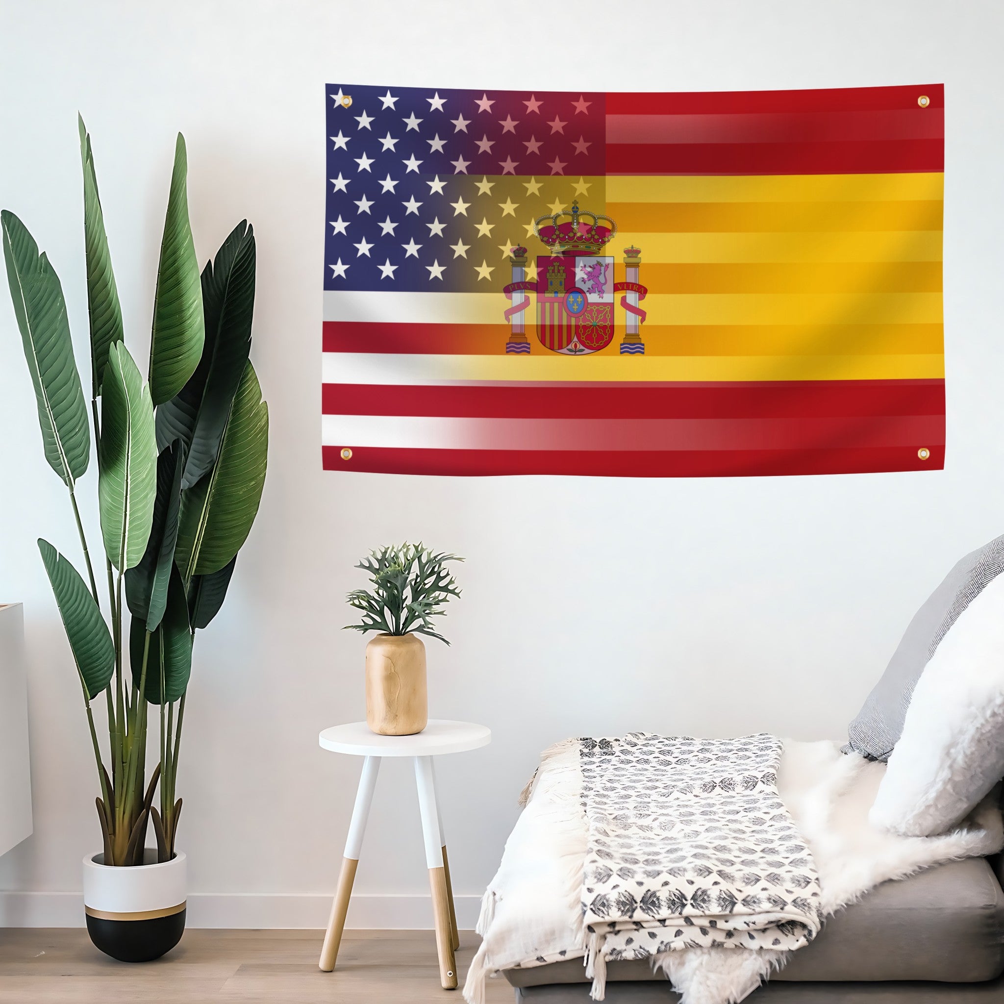 Spanish American Hybrid Flag banner with 4 grommets mounted on a wall - Flags by Bannerfi
