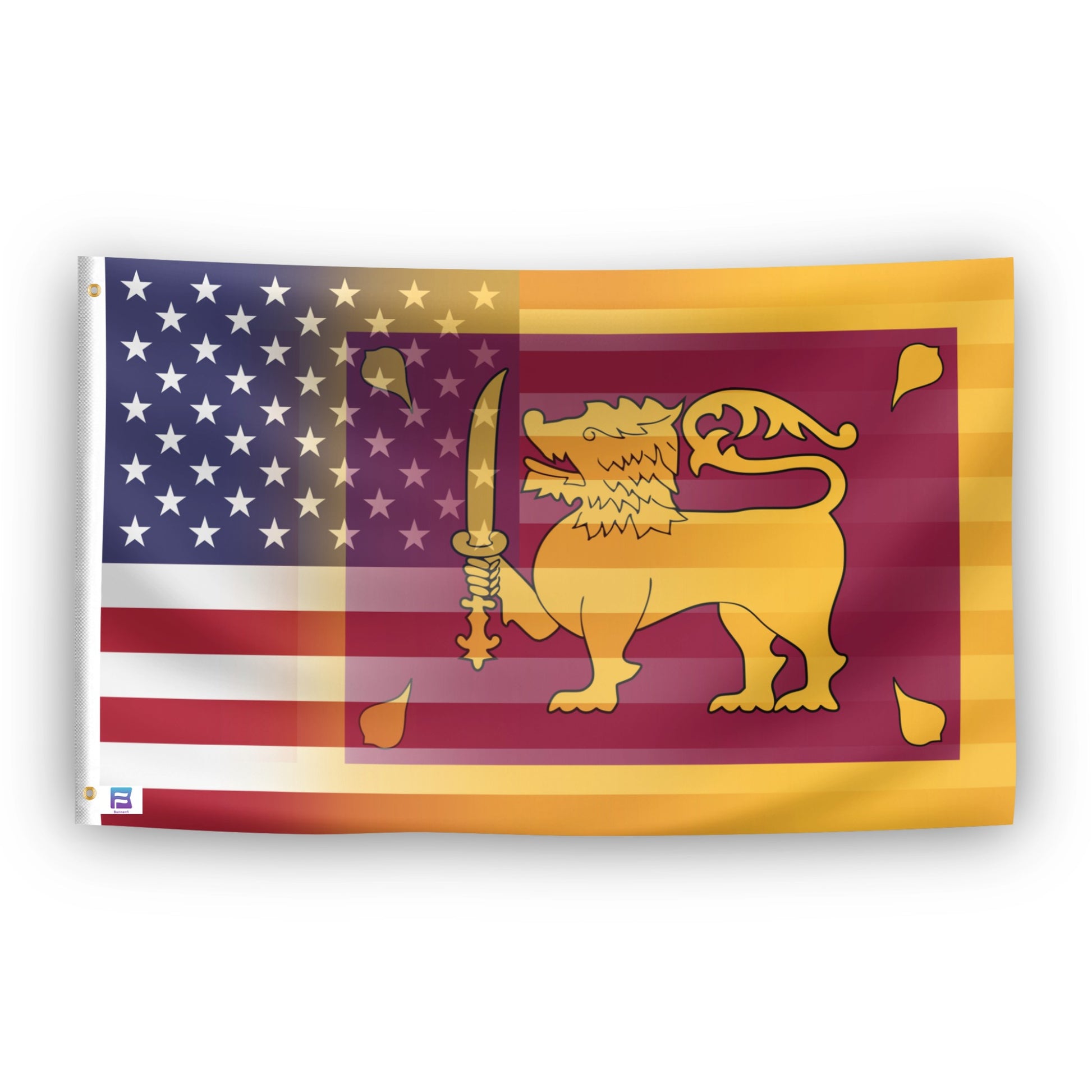 Flag with American and Sri Lankan designs blended together.