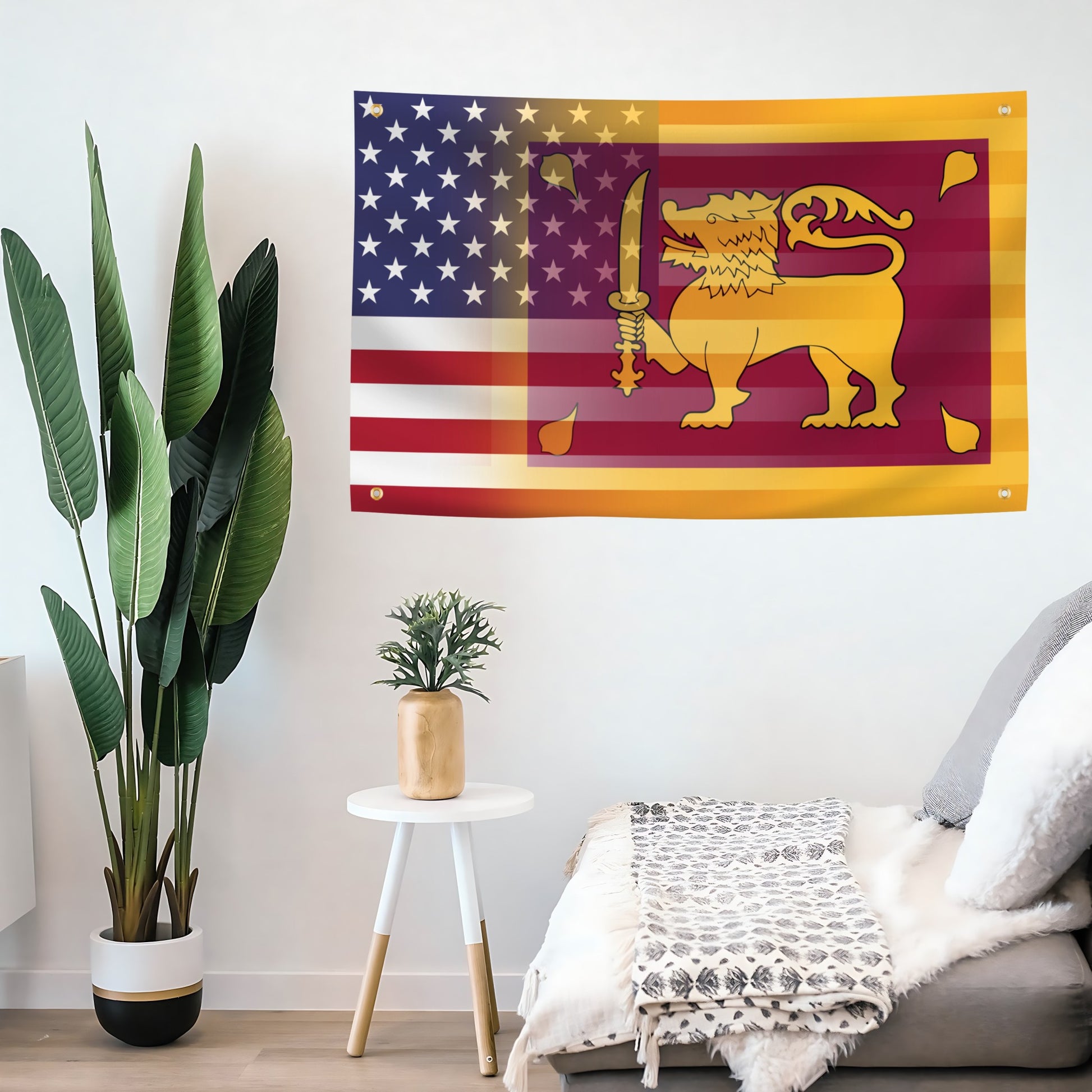 American flag banner with a Sri Lankan lion emblem on a wall in a living room setting.