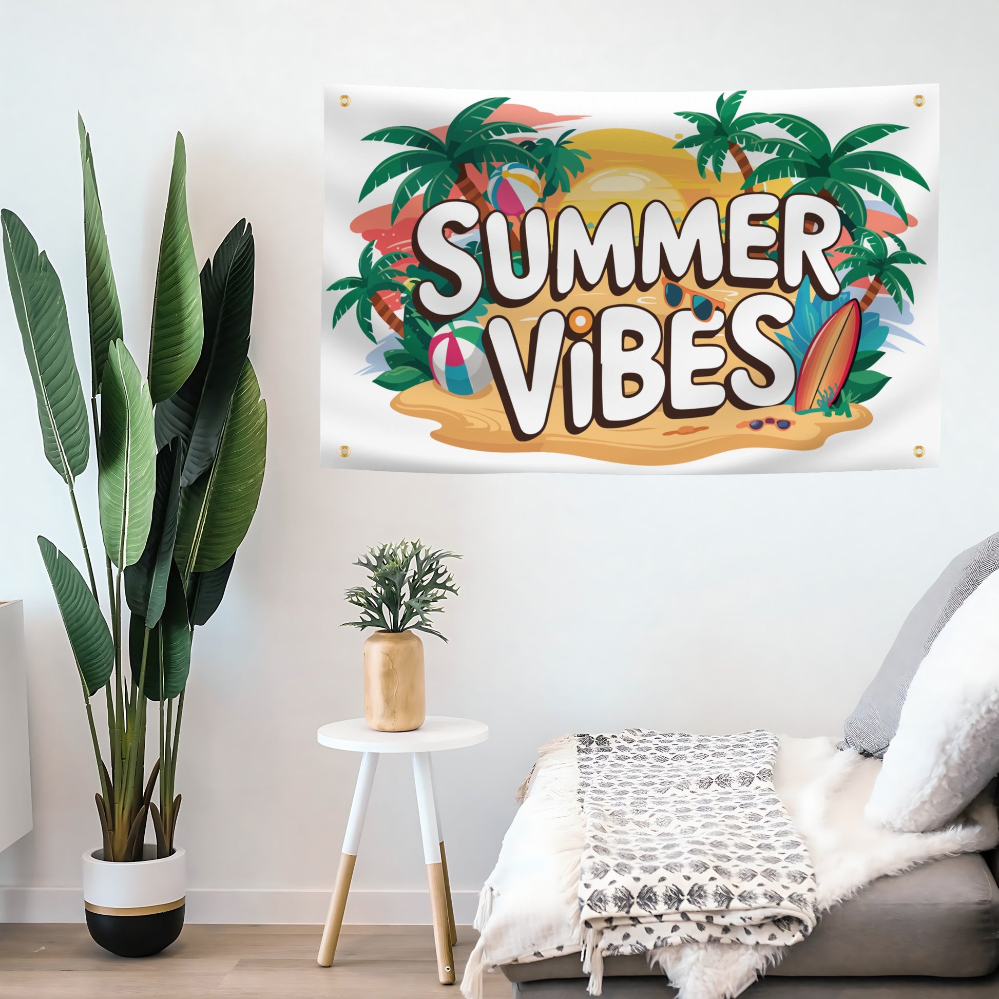Decorative flag banner with 'Summer Vibes' text hanging on a wall above a sofa.