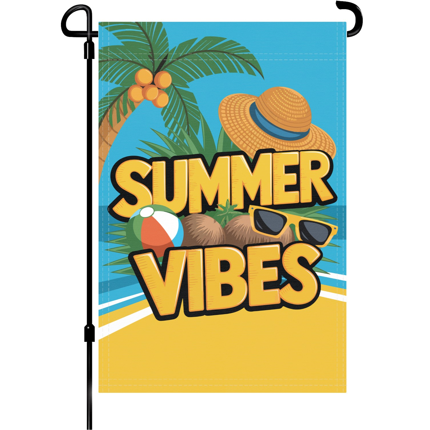 Summer Vibes garden flag made of weatherproof polyester mounted on a garden flagpole | Bannerfi