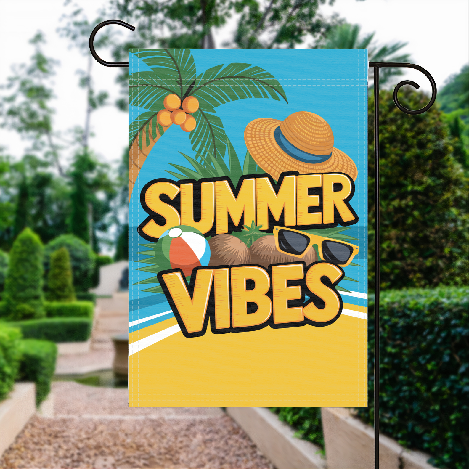 Summer Vibes garden flag made of weatherproof polyester displayed in a garden | Bannerfi