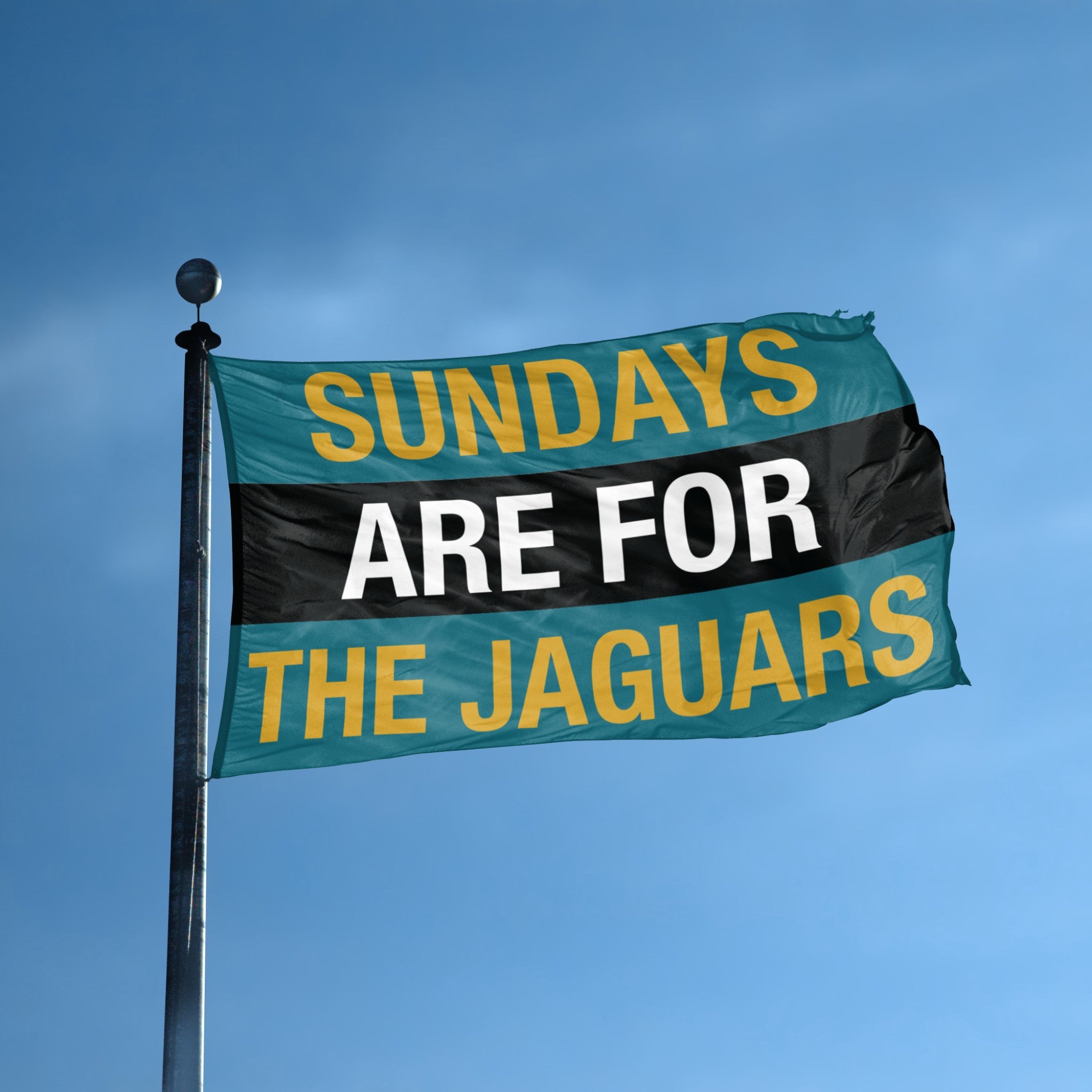 Flag with 'Sundays are for the Jaguars' text against a blue sky