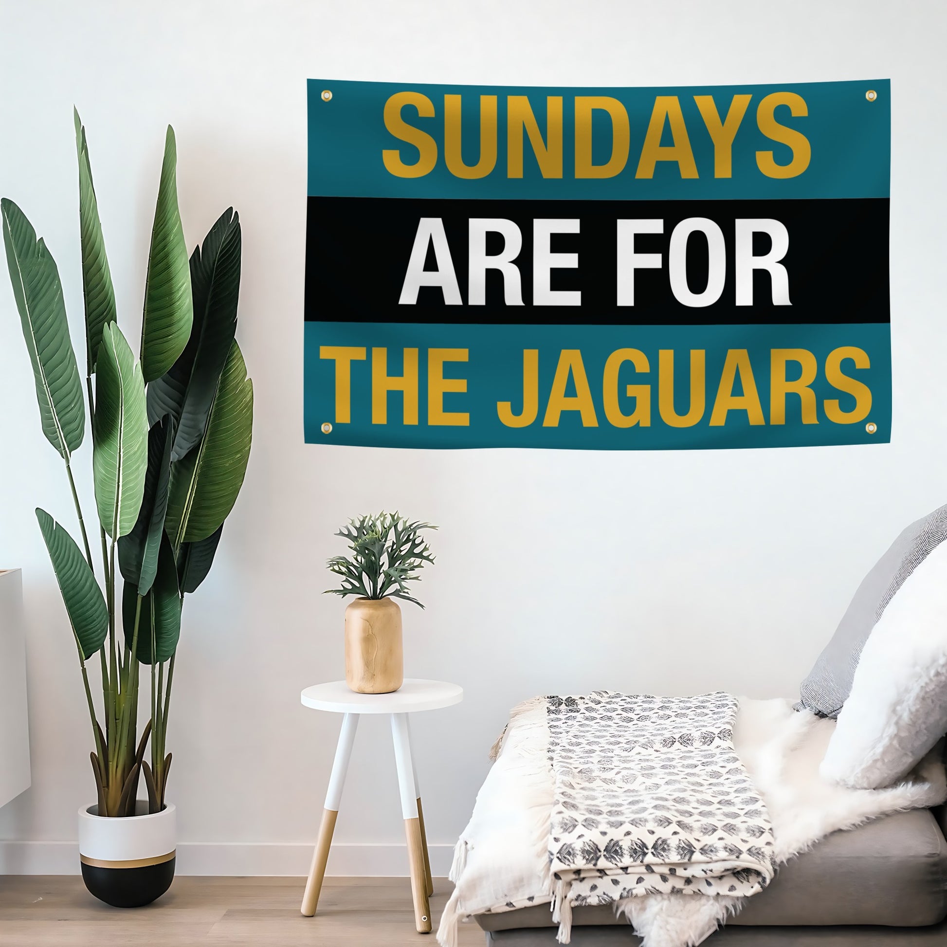 Decorative flag banner with 'Sundays are for the Jaguars' text in a living room setting.