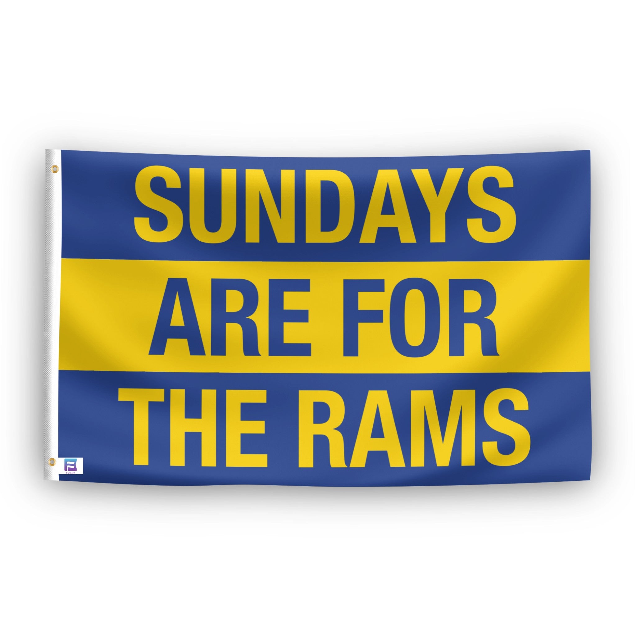 Flag with 'Sundays are for the Rams' text on a blue and yellow background