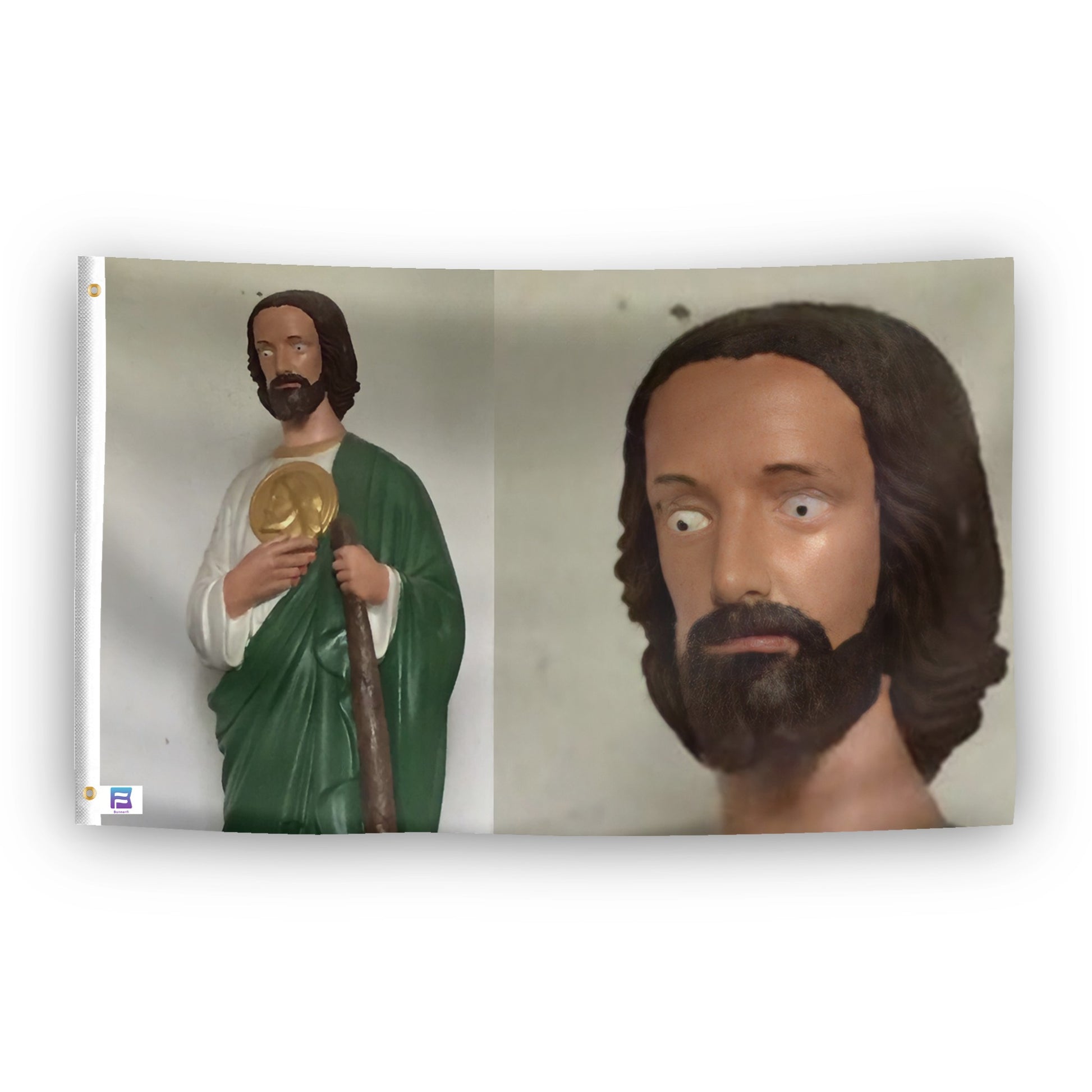 A flag with the theme "Surprised Saint Meme", displayed with two brass grommets reinforced with a white canvas header.