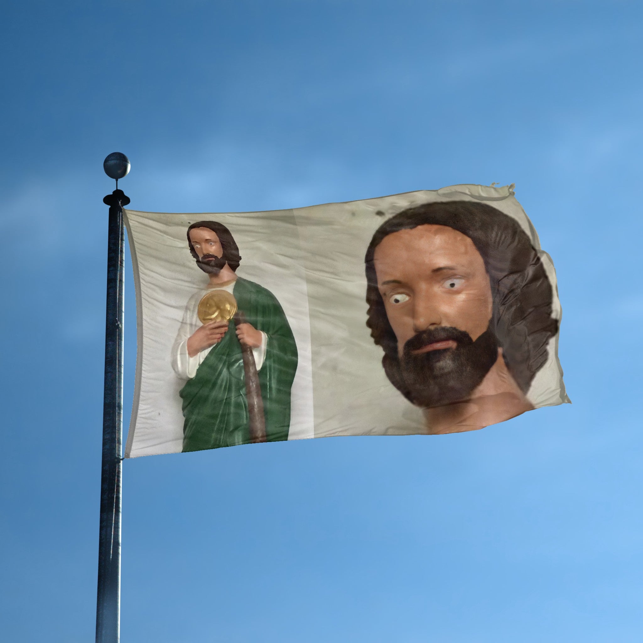 A flag with the theme "Surprised Saint Meme" displayed on a tall flag pole and blue skies.
