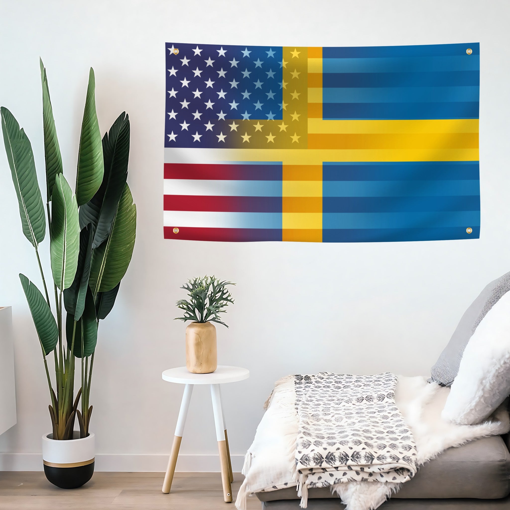 Swedish American Hybrid Flag banner with 4 grommets mounted on a wall - Flags by Bannerfi