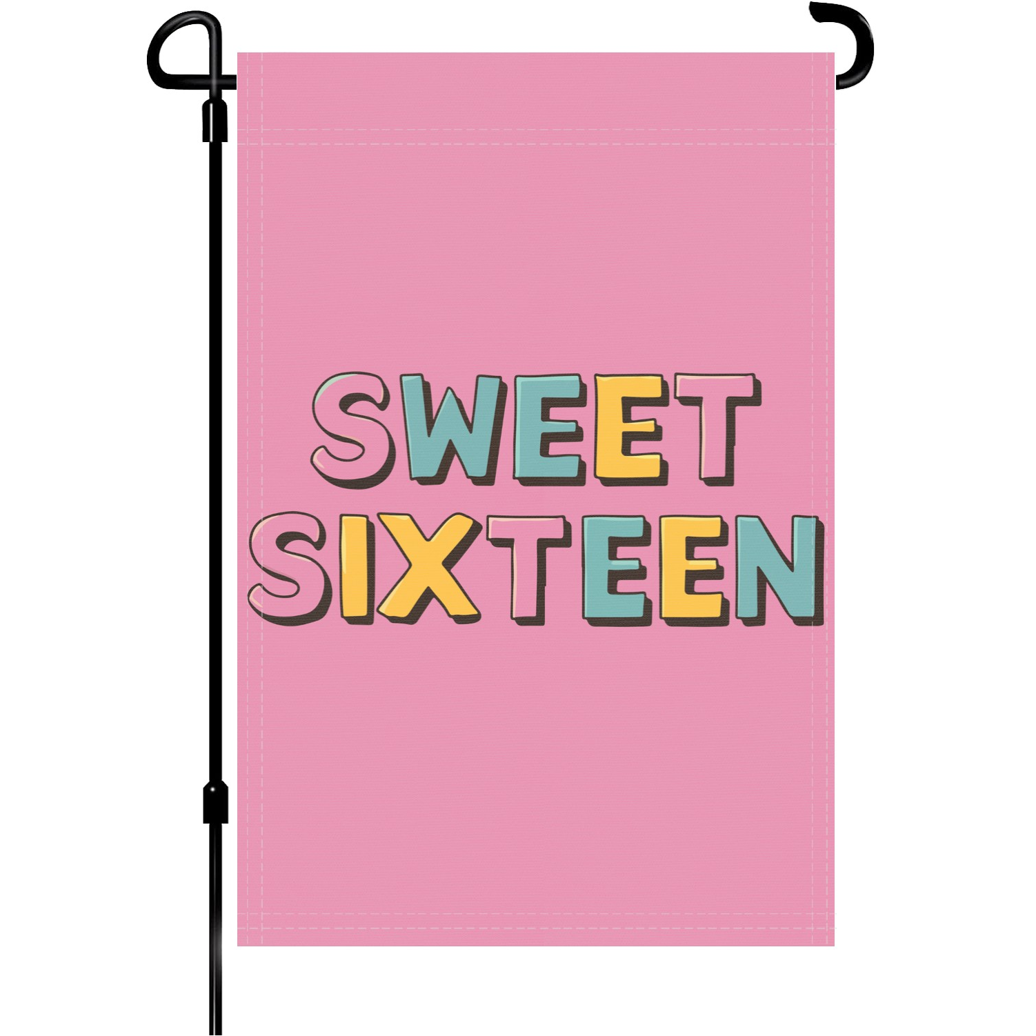 Sweet Sixteen garden flag made of weatherproof polyester mounted on a garden flagpole | Bannerfi