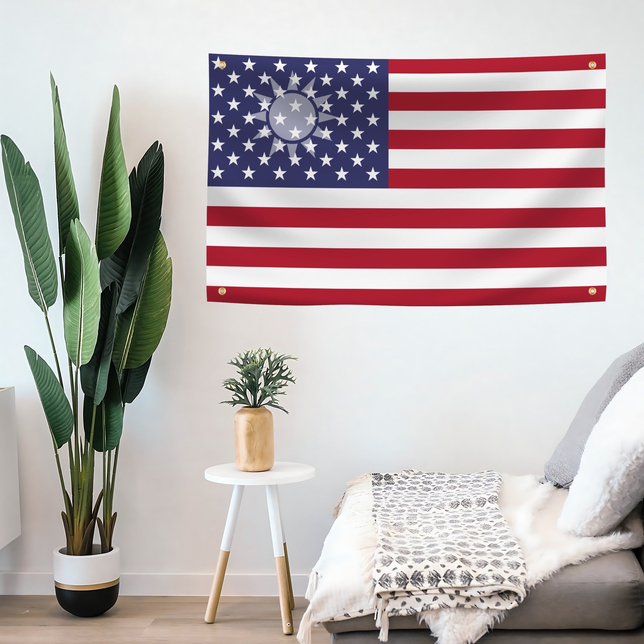 Unique polyester banner of the Taiwanese and American flag designs blended together hanging on a living room wall.