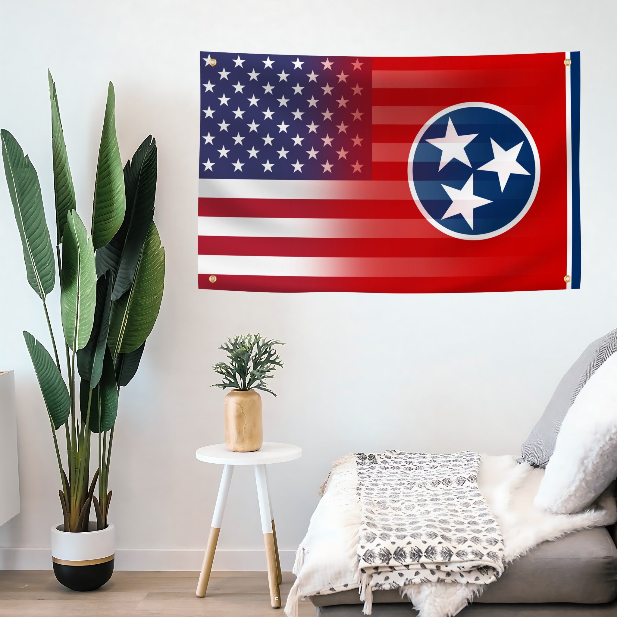 Living room with a large wall flag banner featuring an American flag and Tennessee's state emblem.