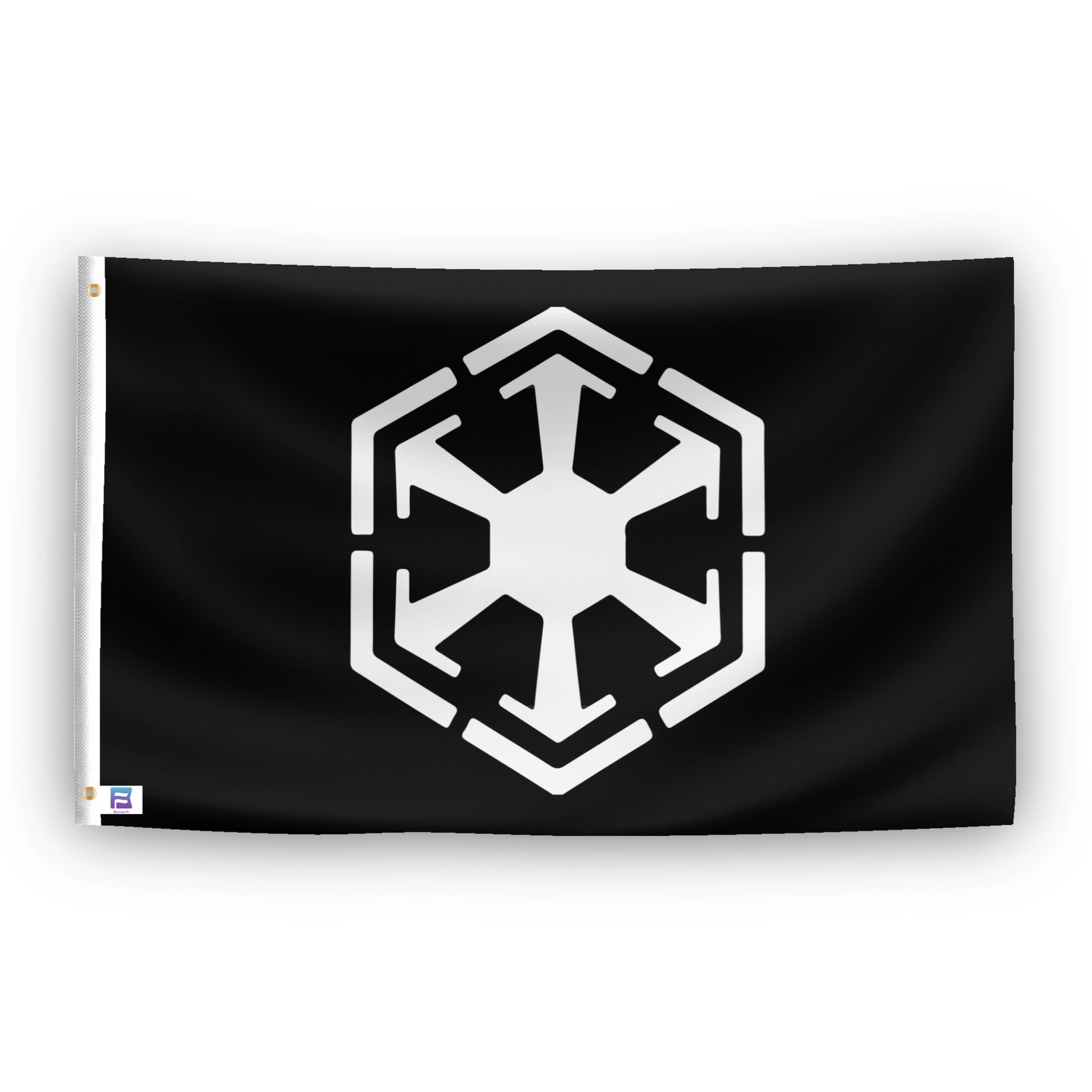 A flag with the theme "Star Wars Sith Empire", displayed with two brass grommets reinforced with a white canvas header.