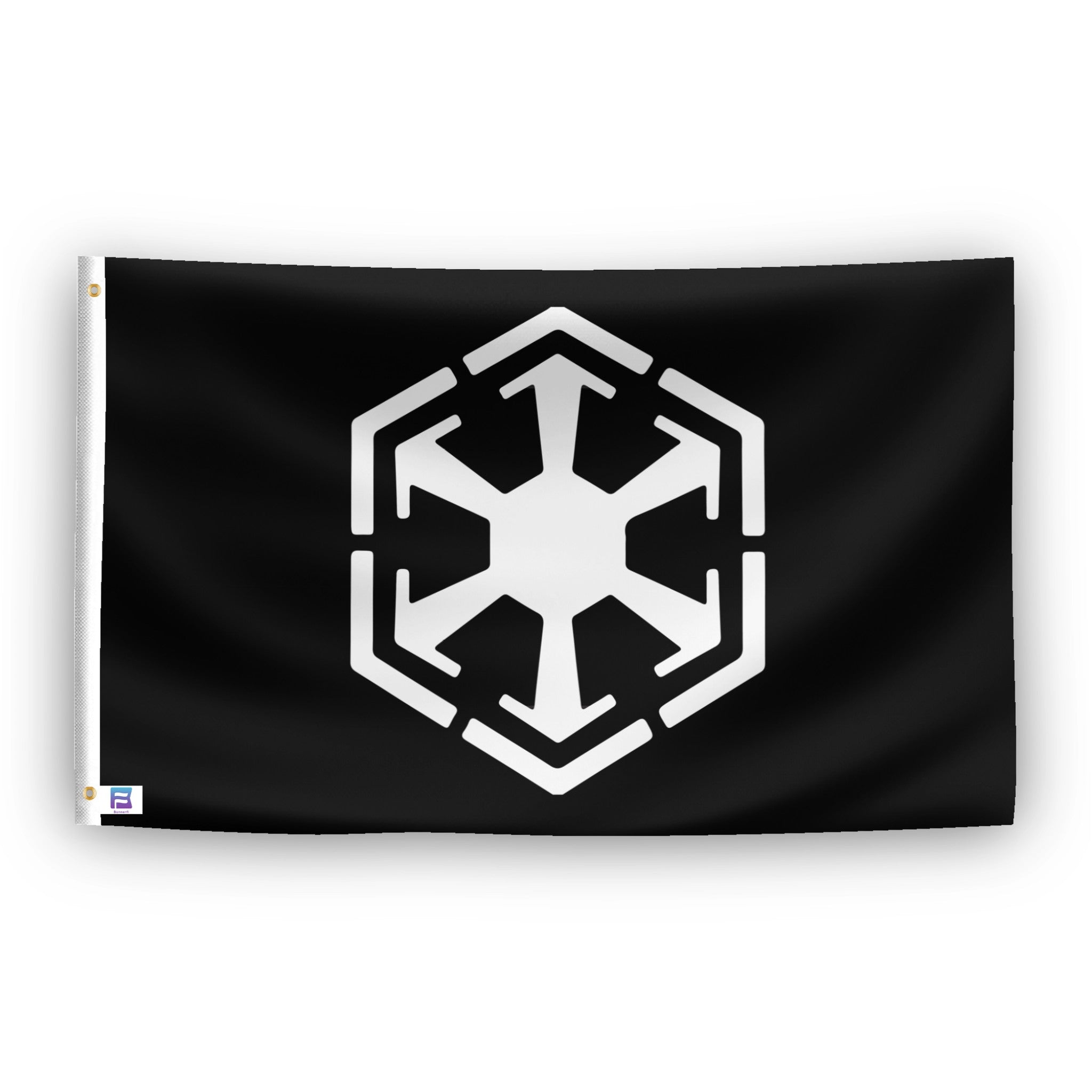 A flag with the theme "Star Wars Sith Empire", displayed with two brass grommets reinforced with a white canvas header.